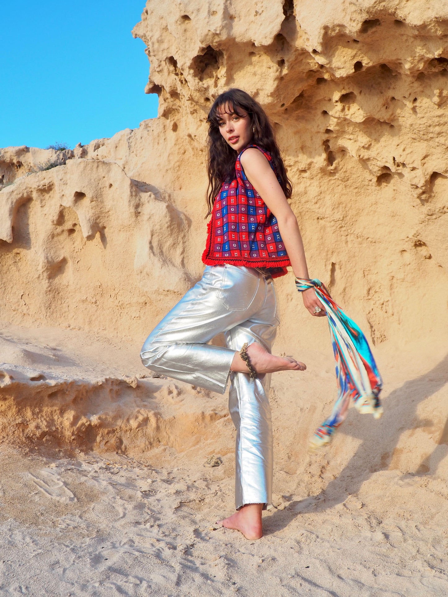 Up-cycled Vintage Cropped Waistcoat in Red and Blue - Made by Vagabond Ibiza