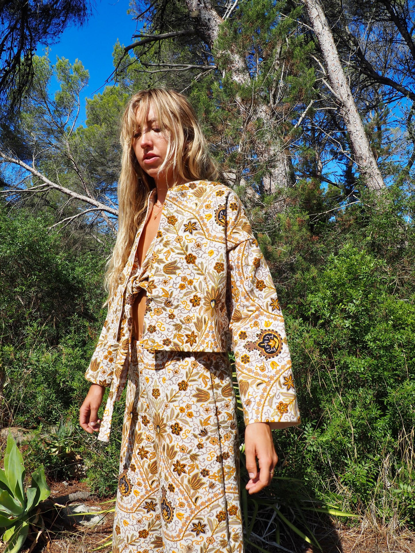 Up-cycled heavy cotton cropped jacket with Cream yellow and black floral printed design the textile is from france very nice quality by Vagabond Ibiza