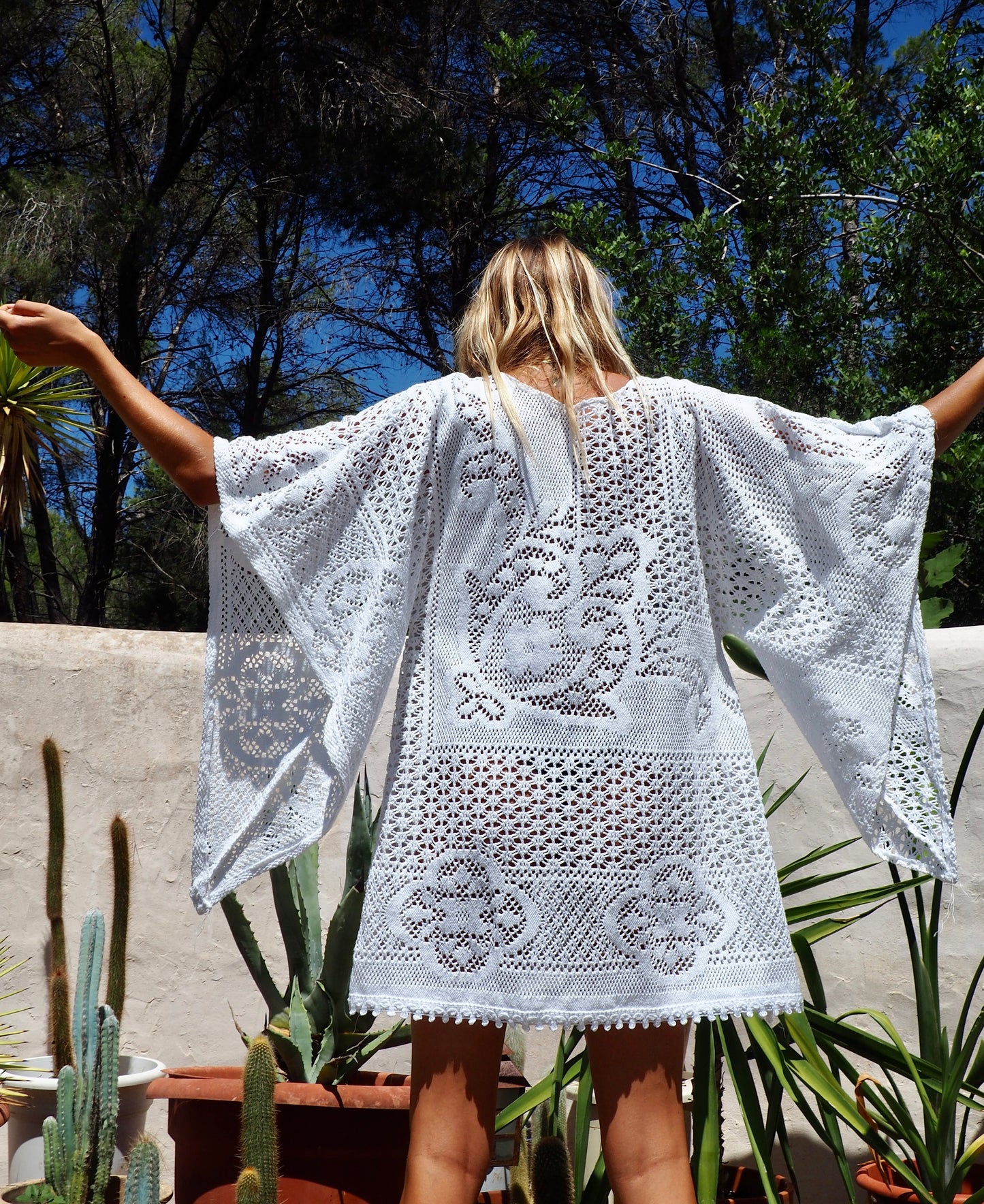 White vintage crochet bell sleeve shirt dress up-cycled by Vagabond Ibiza made in our atelier in Ibiza