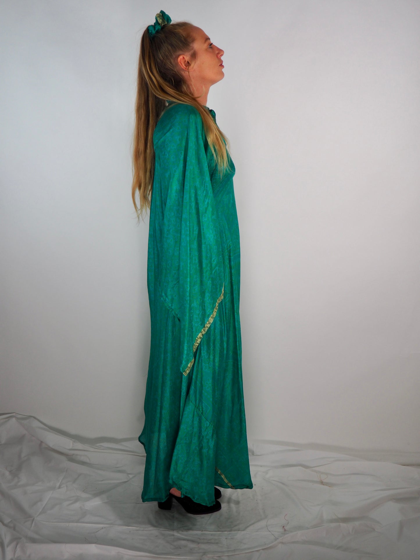 The Diamond Bias-Cut Maxi Dress – Up-cycled Vintage Sari Sustainable Dress with angel Sleeves + Matching Scrunchy & Bag