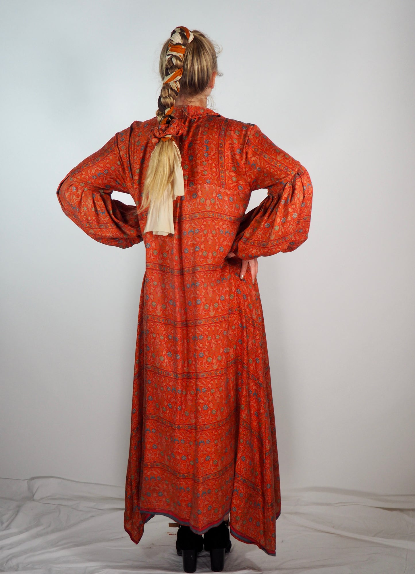 The Lenya Up-cycled Vintage Sari Dress – Sustainable Boho Dress with Oversized Sleeves Matching Scrunchy & Storage Bag*