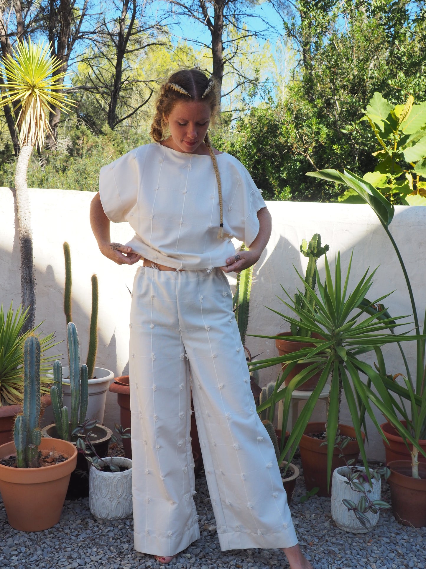 Creamy, white woven 2 piece wide leg pant and top set up-cycled by Vagabond Ibiza