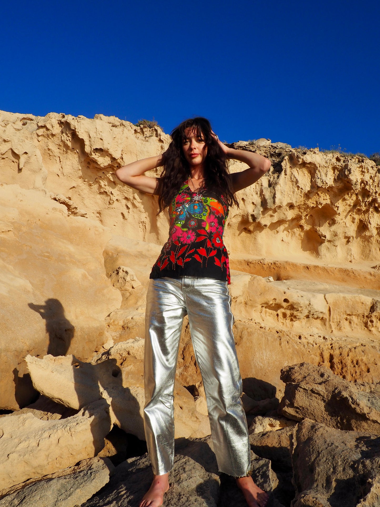 Vintage 1980s Sequin and Beaded Flower Power Halter Neck Top
