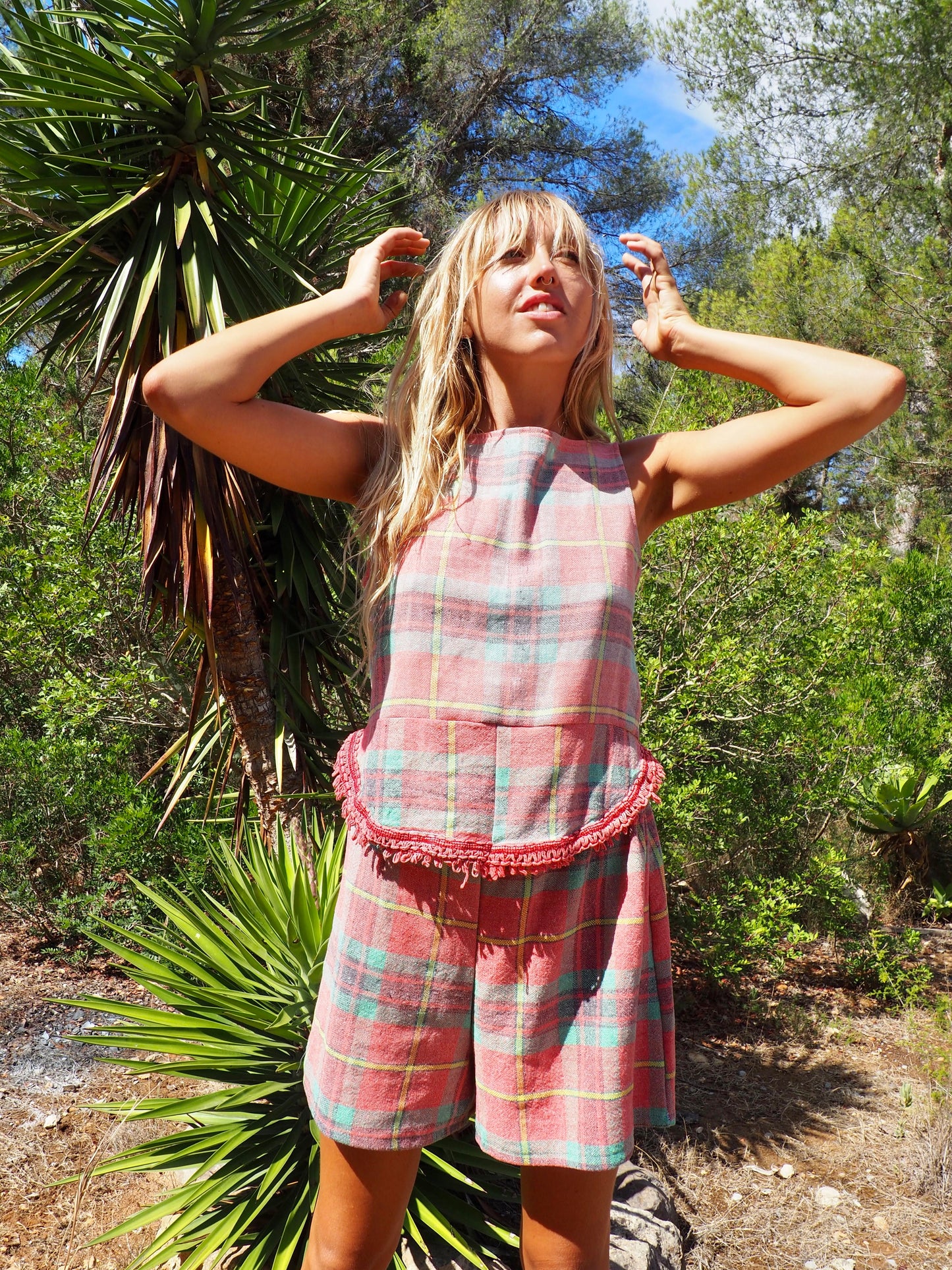 Vintage red and green 1970’s checked table cloth top by Vagabond Ibiza