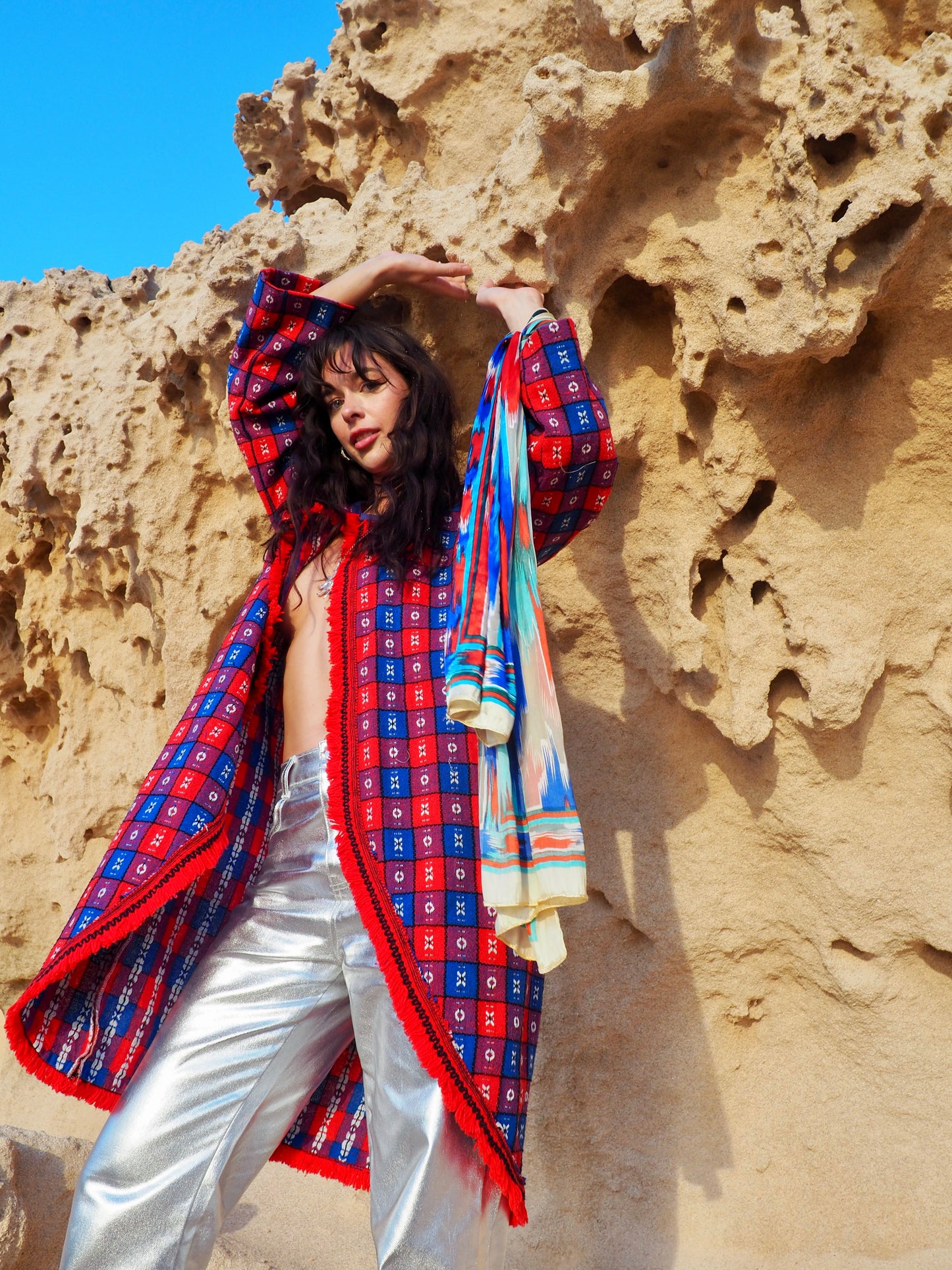 Upcycled Vintage Long Full Jacket in Red and Blue - Made by Vagabond Ibiza