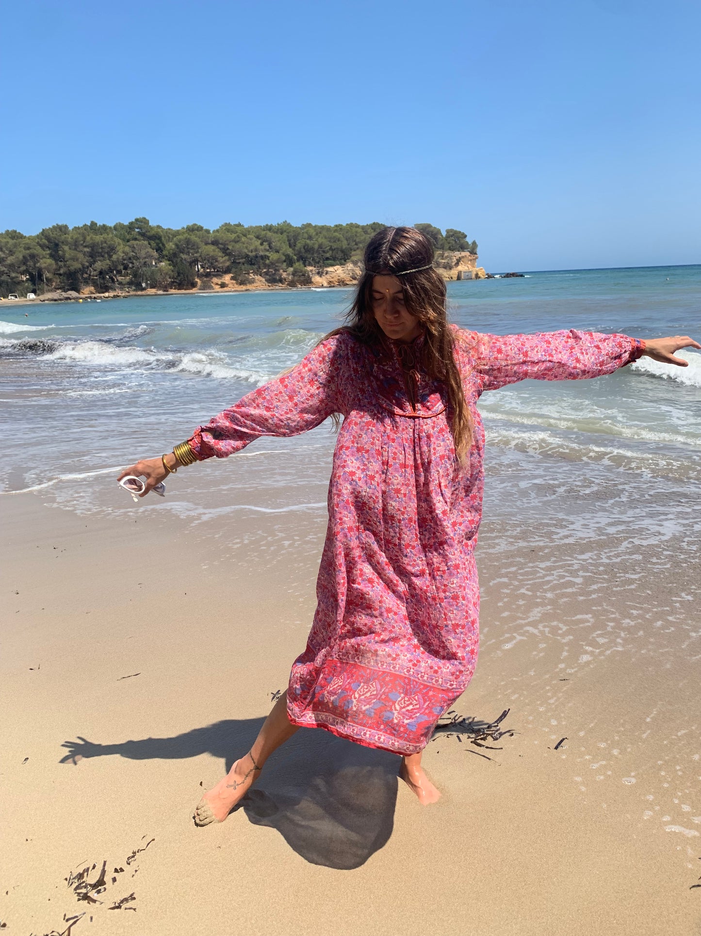 Vintage Original 1970’s rare Indian fine cotton block printed floral dress in pink