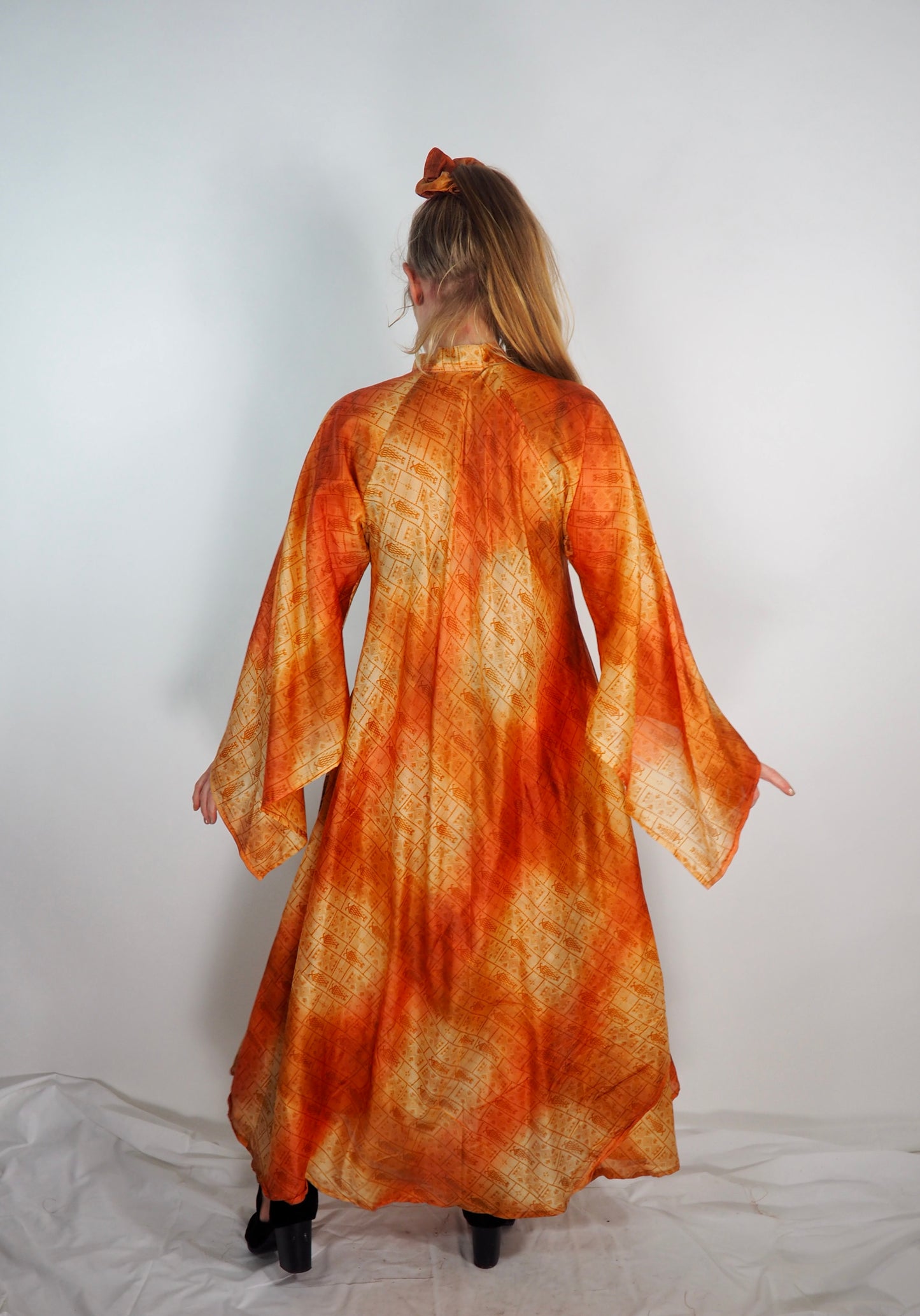 The Diamond Bias-Cut Maxi Dress – Up-cycled Vintage Sari Sustainable Dress with angel Sleeves + Matching Scrunchy & Bag