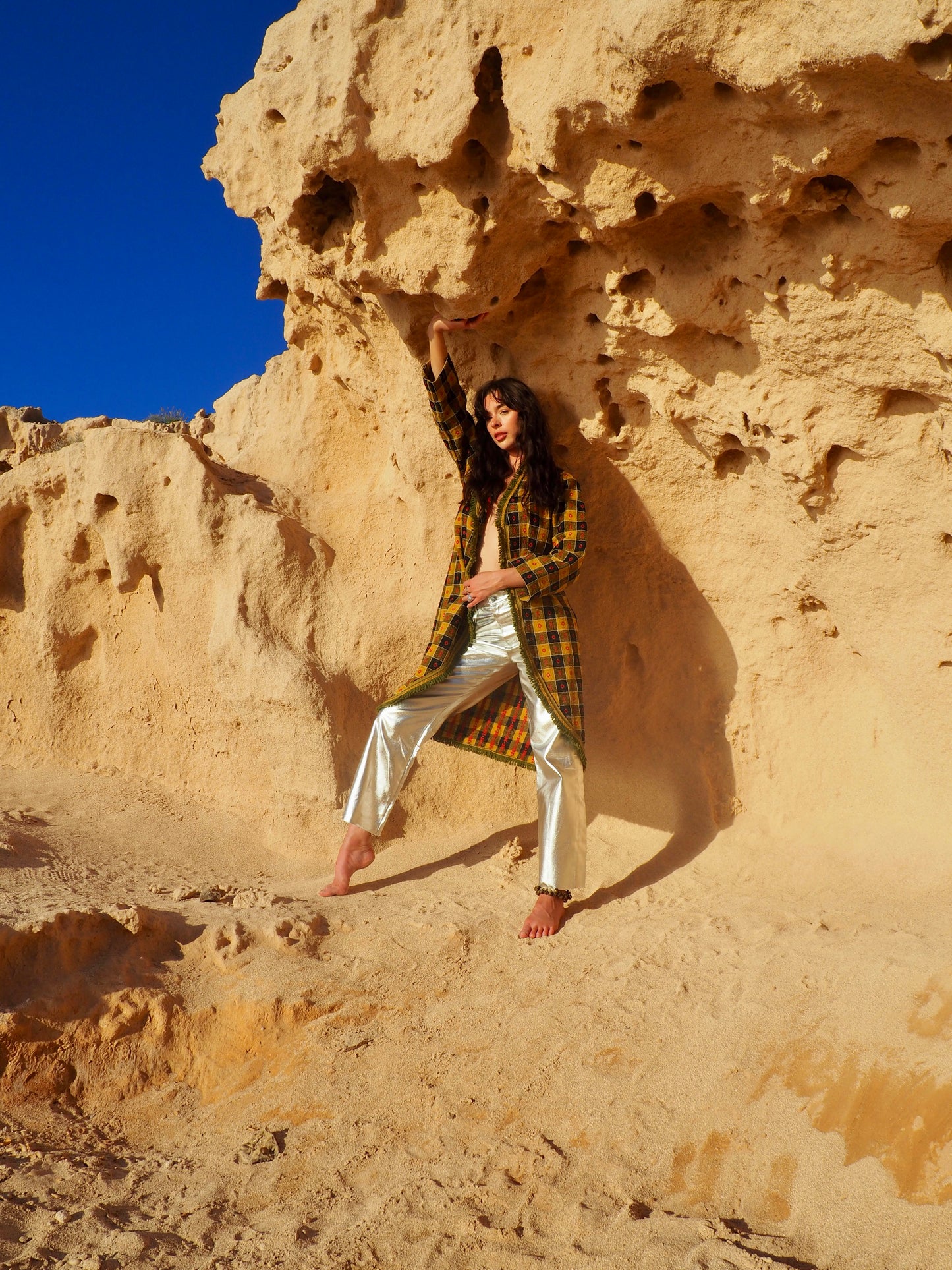 Long Full Jacket in Mustard Yellow, Black, and Red - Upcycled Vintage Textiles Made by Vagabond Ibiza