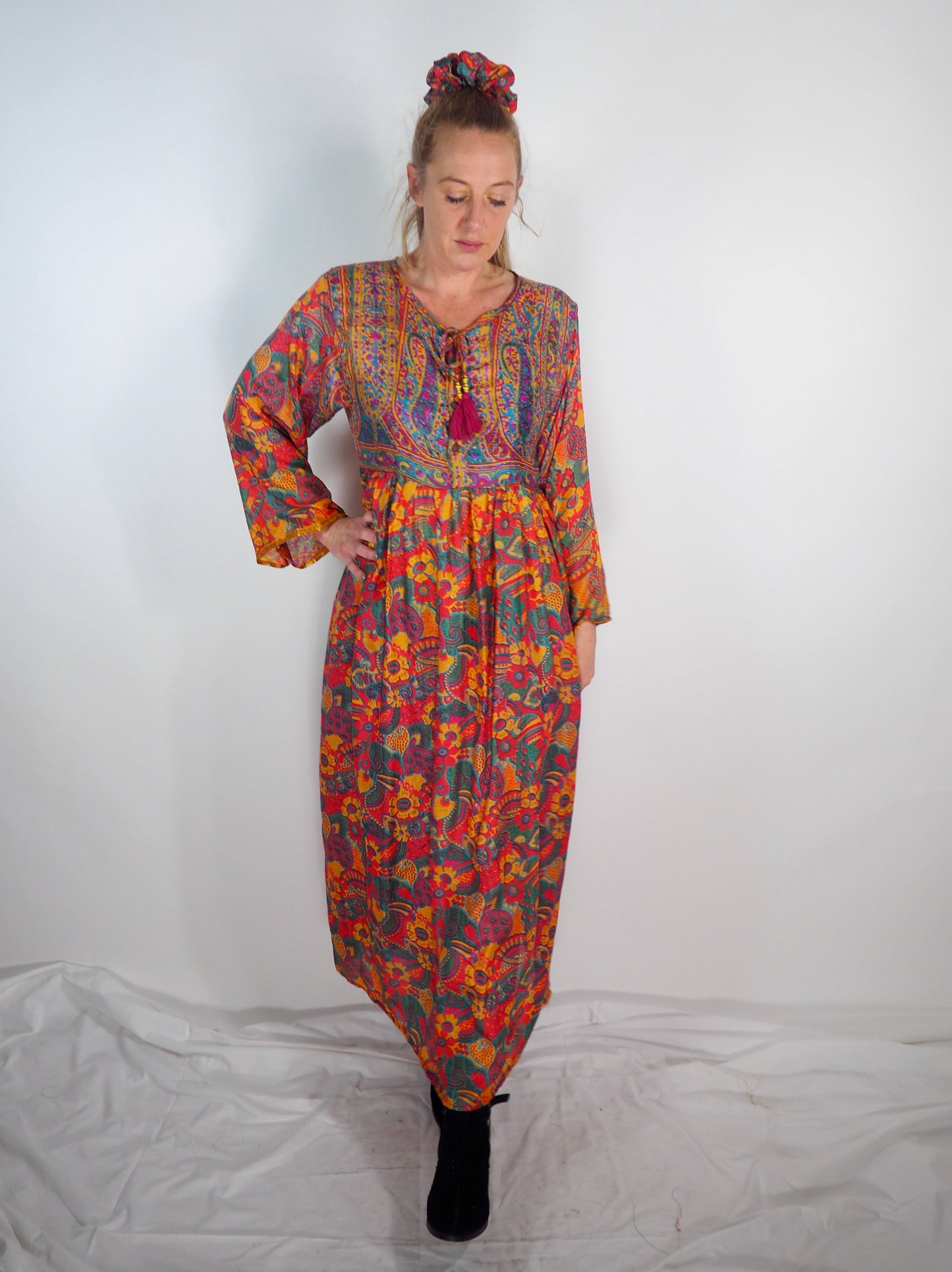 The Vadella Up-cycled Vintage Re-cycled Sari Maxi Dress – Sustainable Boho Dress with Tie Neck Detail + Matching Scrunchy & Bag