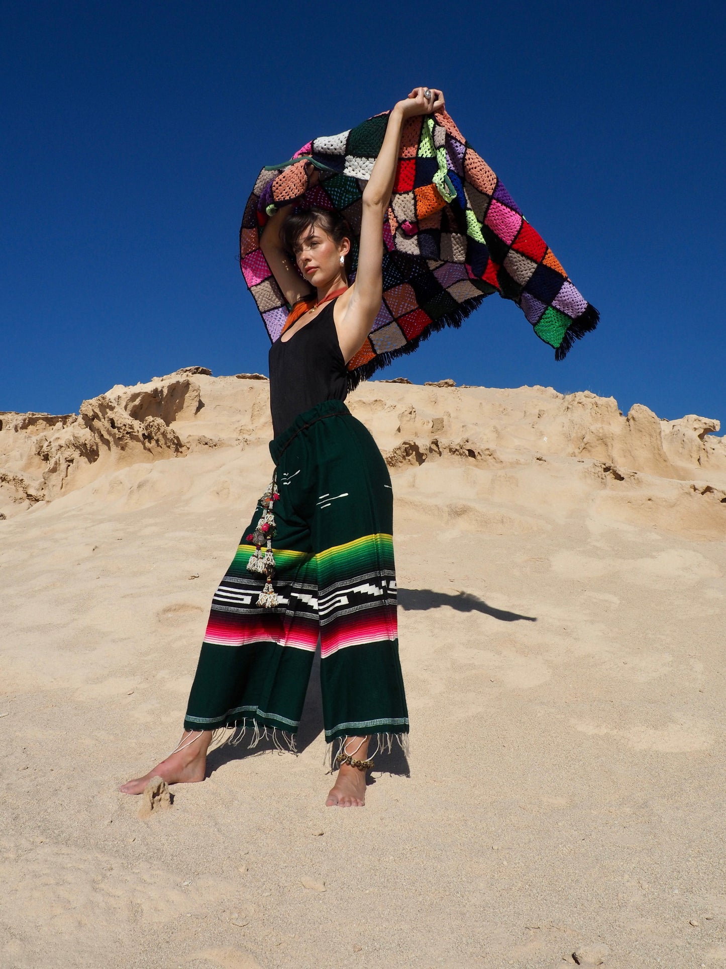 Vintage Mexican textiles up-cycled wide leg pants in green with pink tones made by Vagabond Ibiza