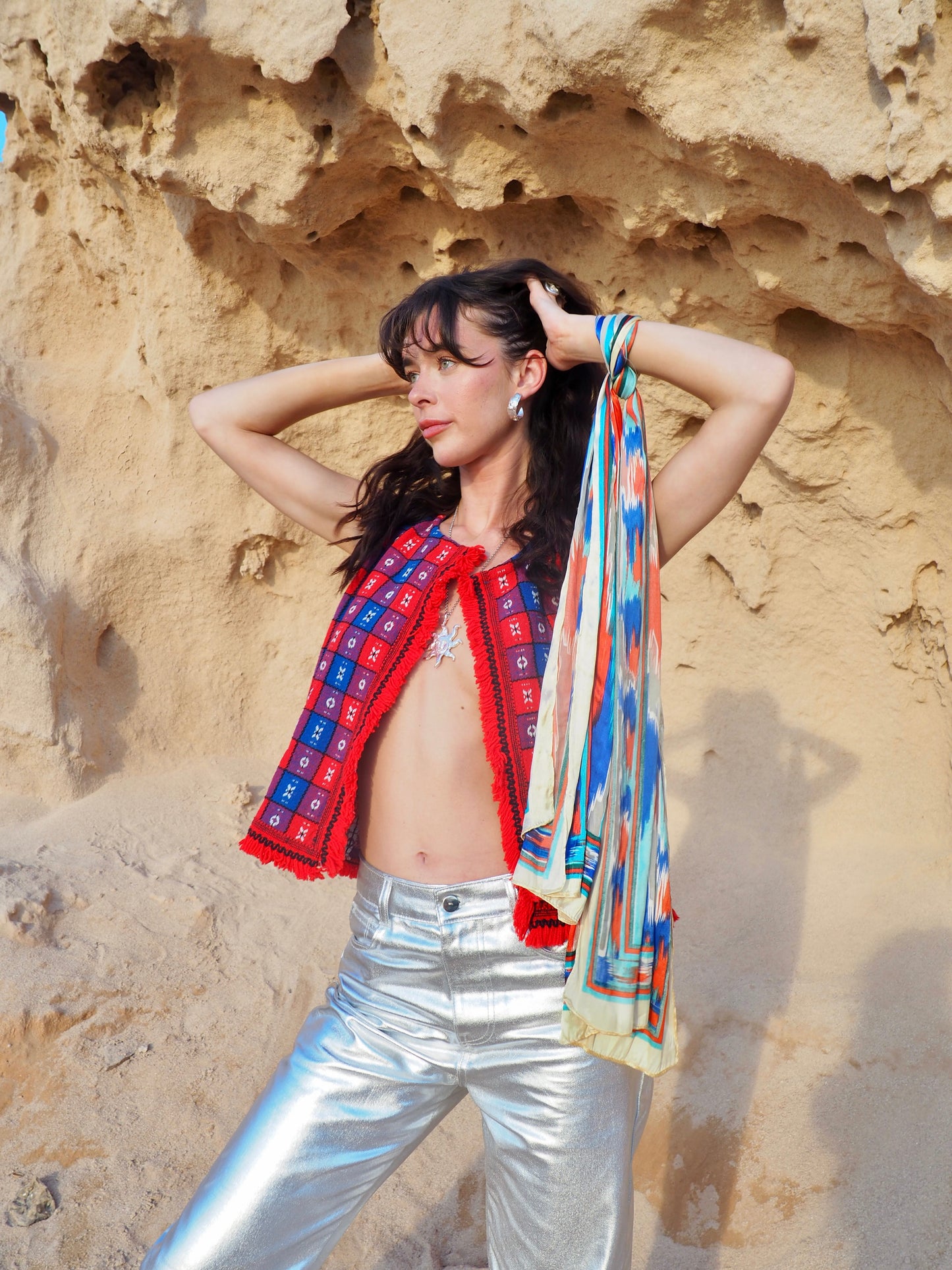 Up-cycled Vintage Cropped Waistcoat in Red and Blue - Made by Vagabond Ibiza