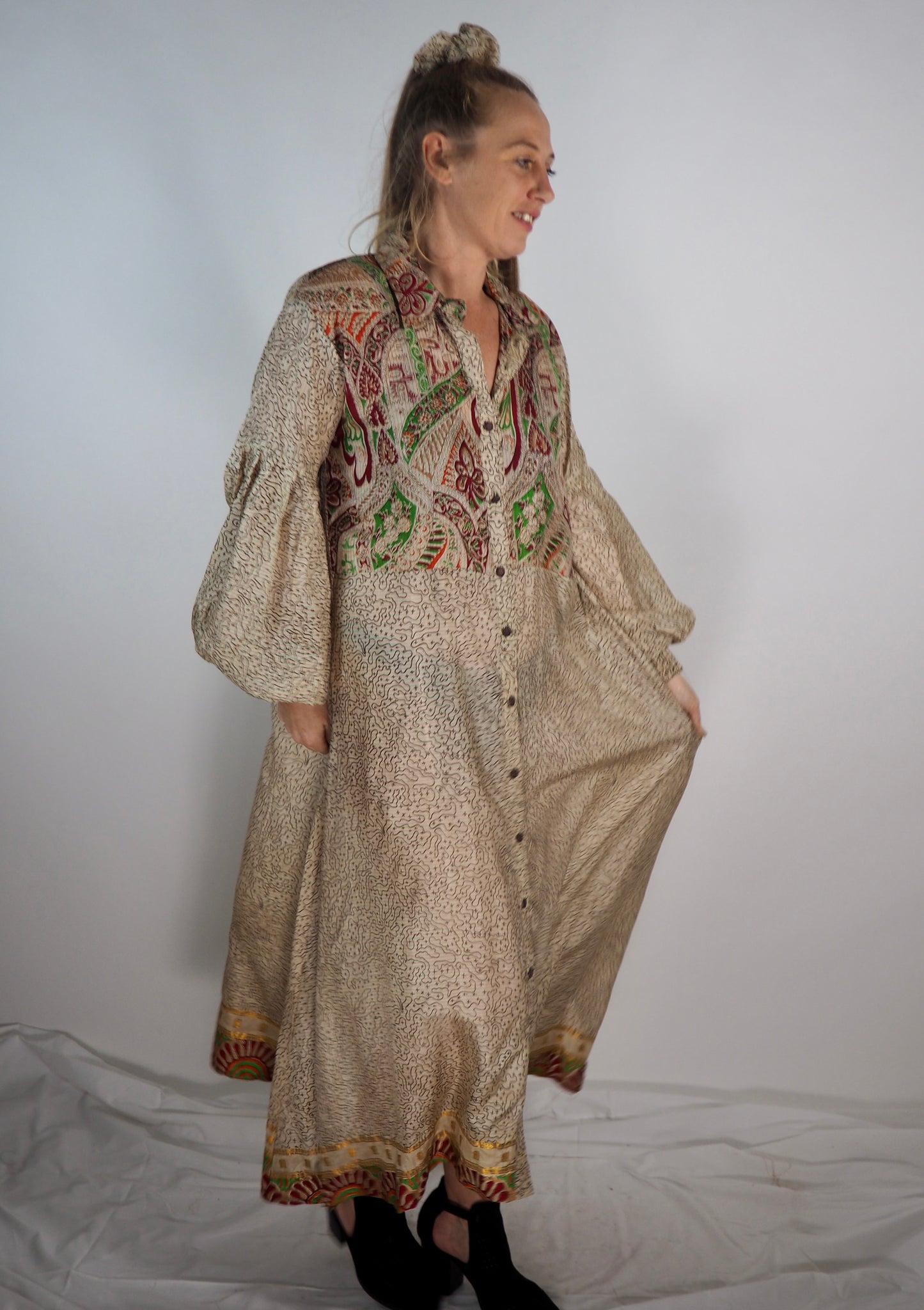 The Lenya Up-cycled Vintage Sari Dress – Sustainable Boho Dress with Oversized Sleeves Matching Scrunchy & Storage Bag