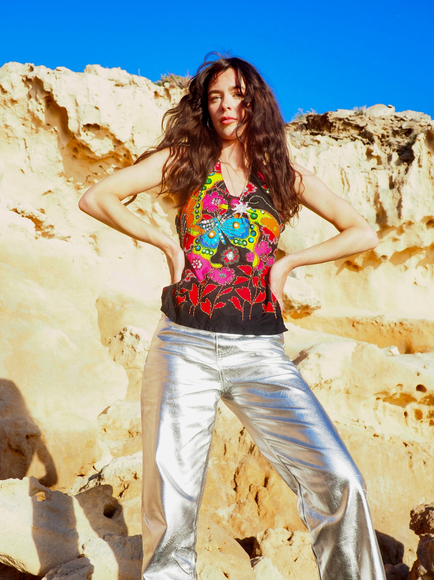 Vintage 1980s Sequin and Beaded Flower Power Halter Neck Top