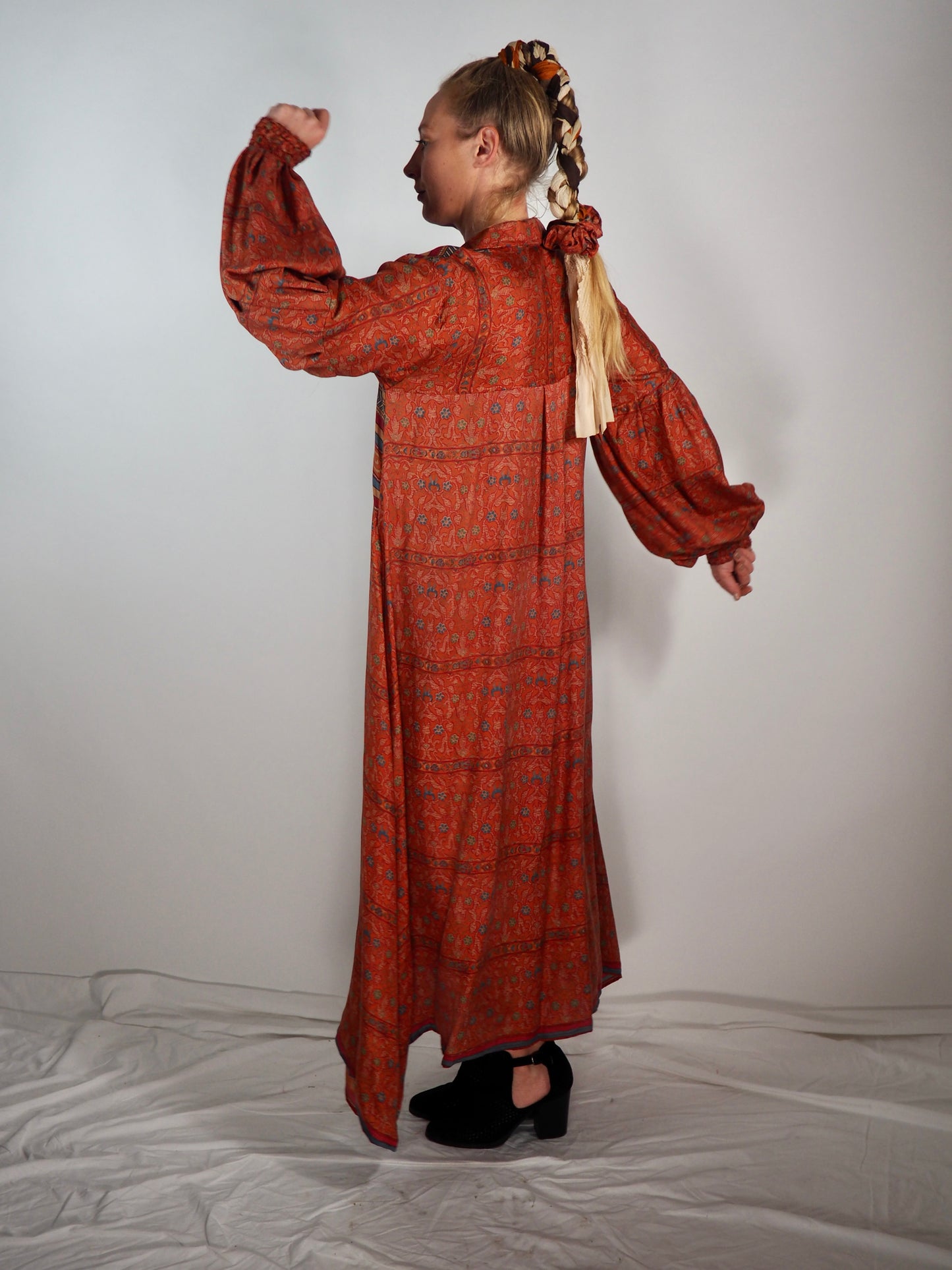 The Lenya Up-cycled Vintage Sari Dress – Sustainable Boho Dress with Oversized Sleeves Matching Scrunchy & Storage Bag*