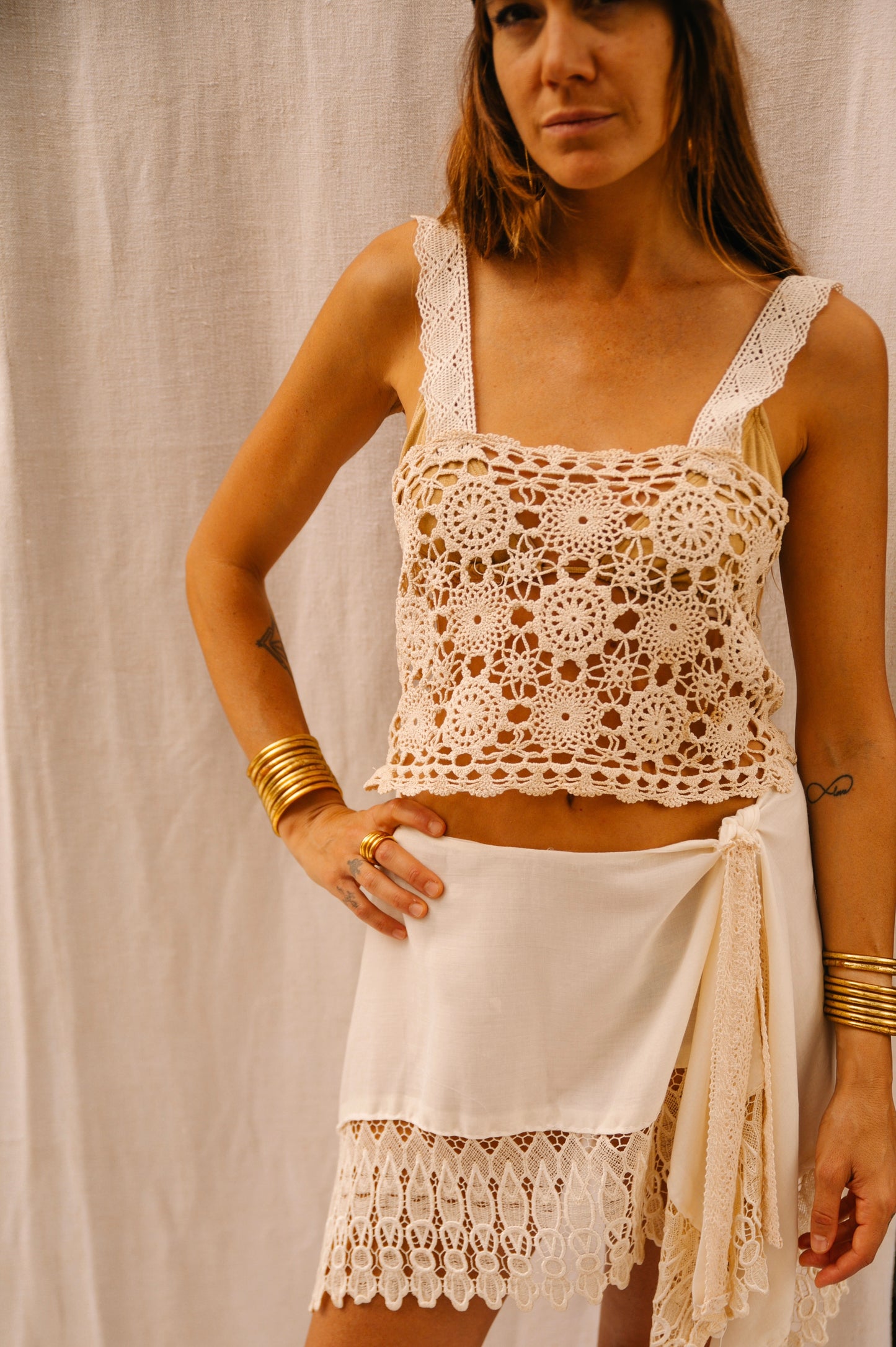 Up-cycled Vintage Silk & Cotton Crochet Top – Handmade by Vagabond Ibiza
