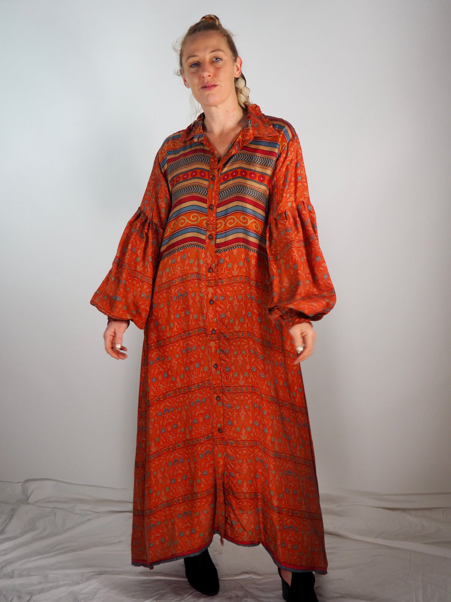 The Lenya Up-cycled Vintage Sari Dress – Sustainable Boho Dress with Oversized Sleeves Matching Scrunchy & Storage Bag*