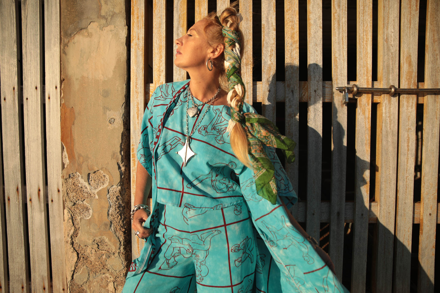 Up-cycled vintage cotton 2 piece set top and length kimono cover up with printed karma sutra design in bright blue pants sold separate