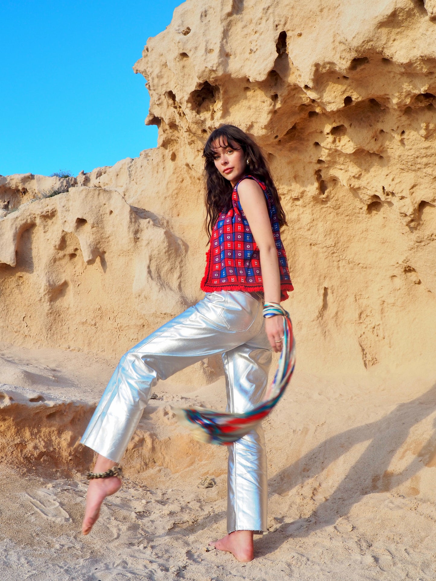 Up-cycled Vintage Cropped Waistcoat in Red and Blue - Made by Vagabond Ibiza