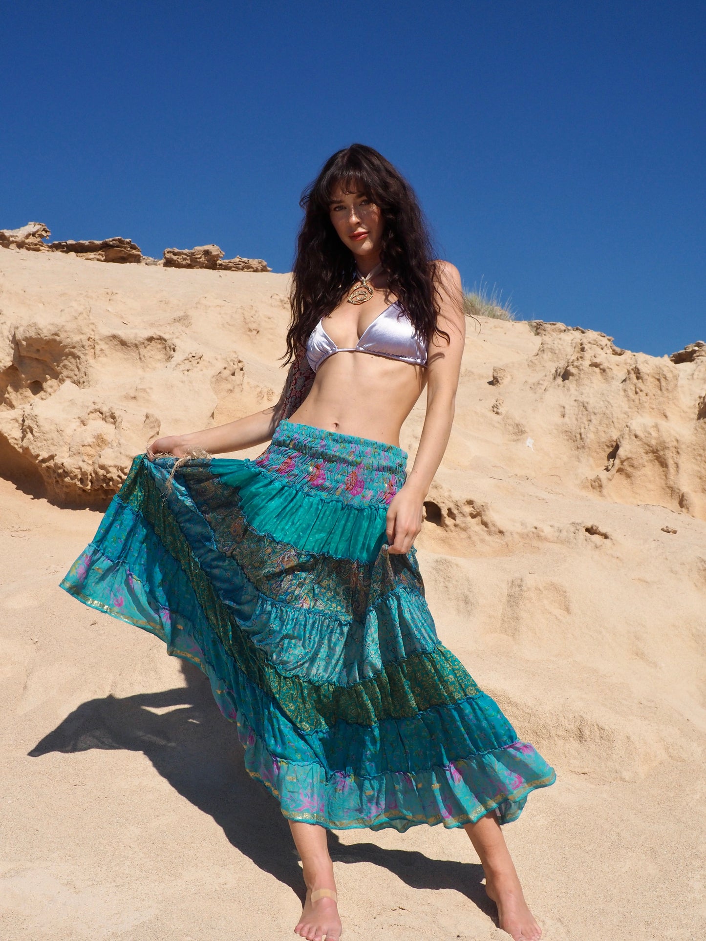 Vintage Indian Recycled Silk Saree Patchwork Maxi Skirt - Sea Blue Tones