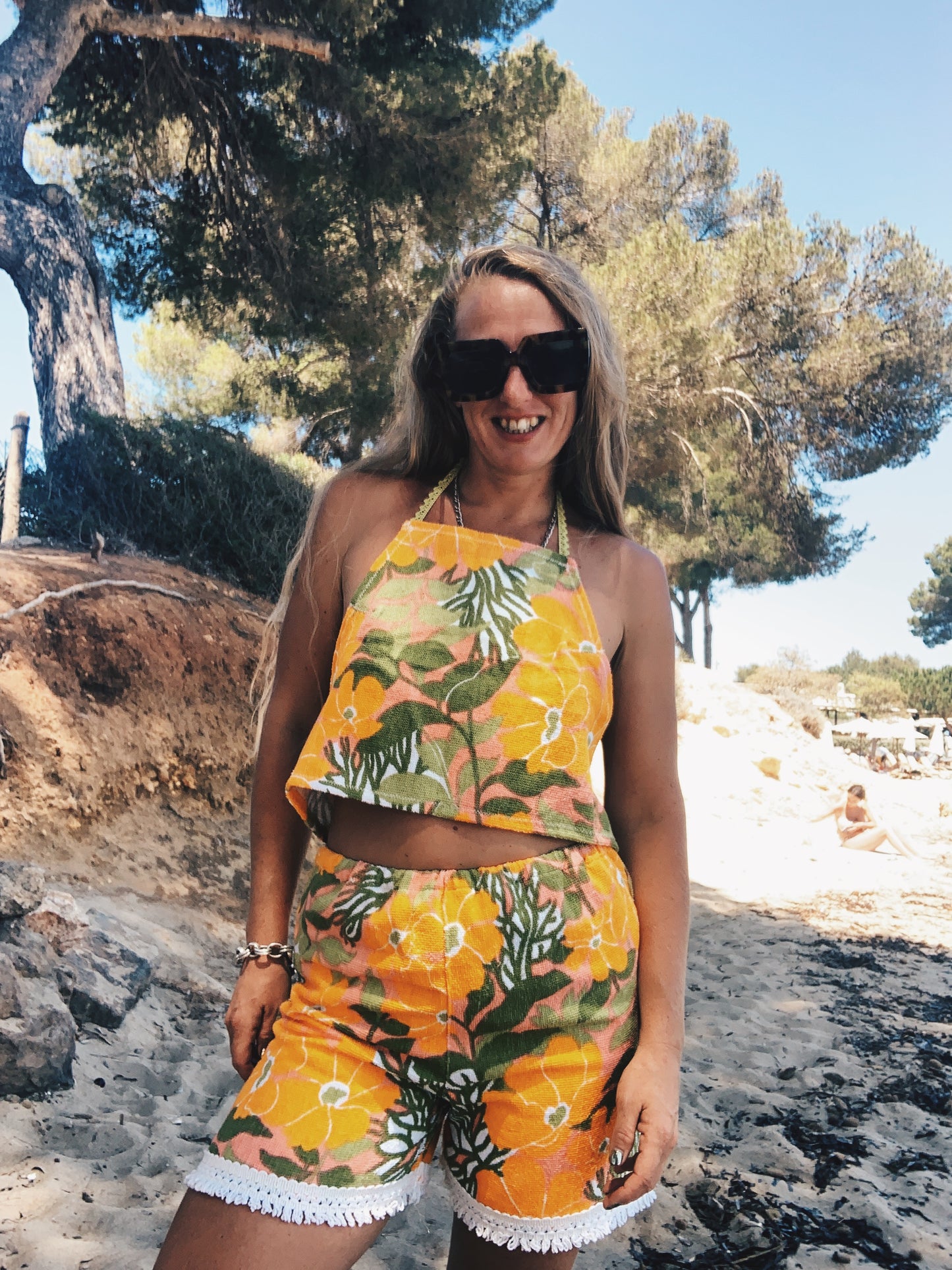 Up-cycled vintage retro floral towel 2 piece set made by Vagabond Ibiza shorts and backless tie top