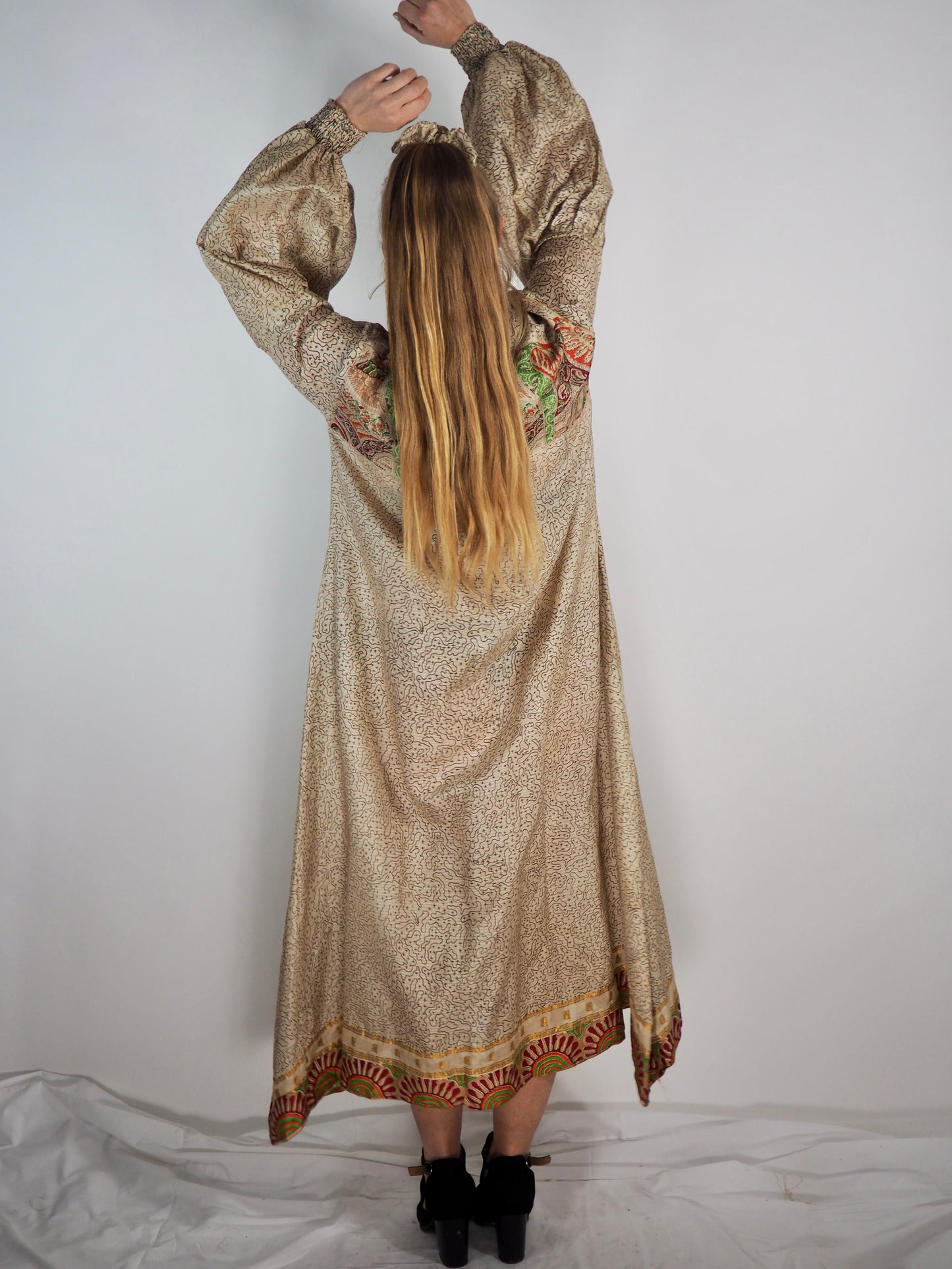 The Lenya Up-cycled Vintage Sari Dress – Sustainable Boho Dress with Oversized Sleeves Matching Scrunchy & Storage Bag