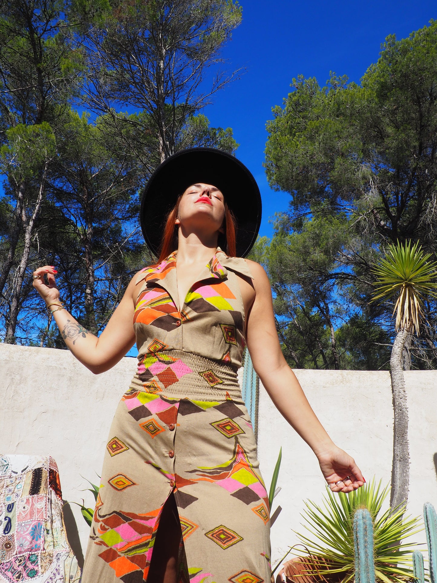 Vintage 1970’s super cool abstract printed maxi dress with a halter neck and cool collar details.