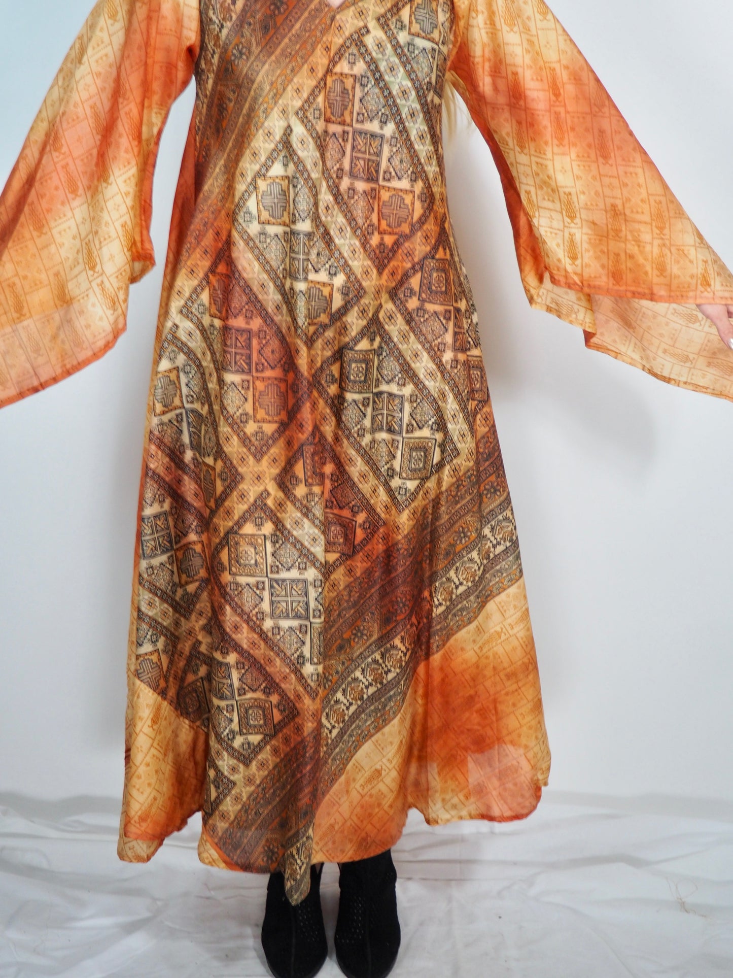 The Diamond Bias-Cut Maxi Dress – Up-cycled Vintage Sari Sustainable Dress with angel Sleeves + Matching Scrunchy & Bag