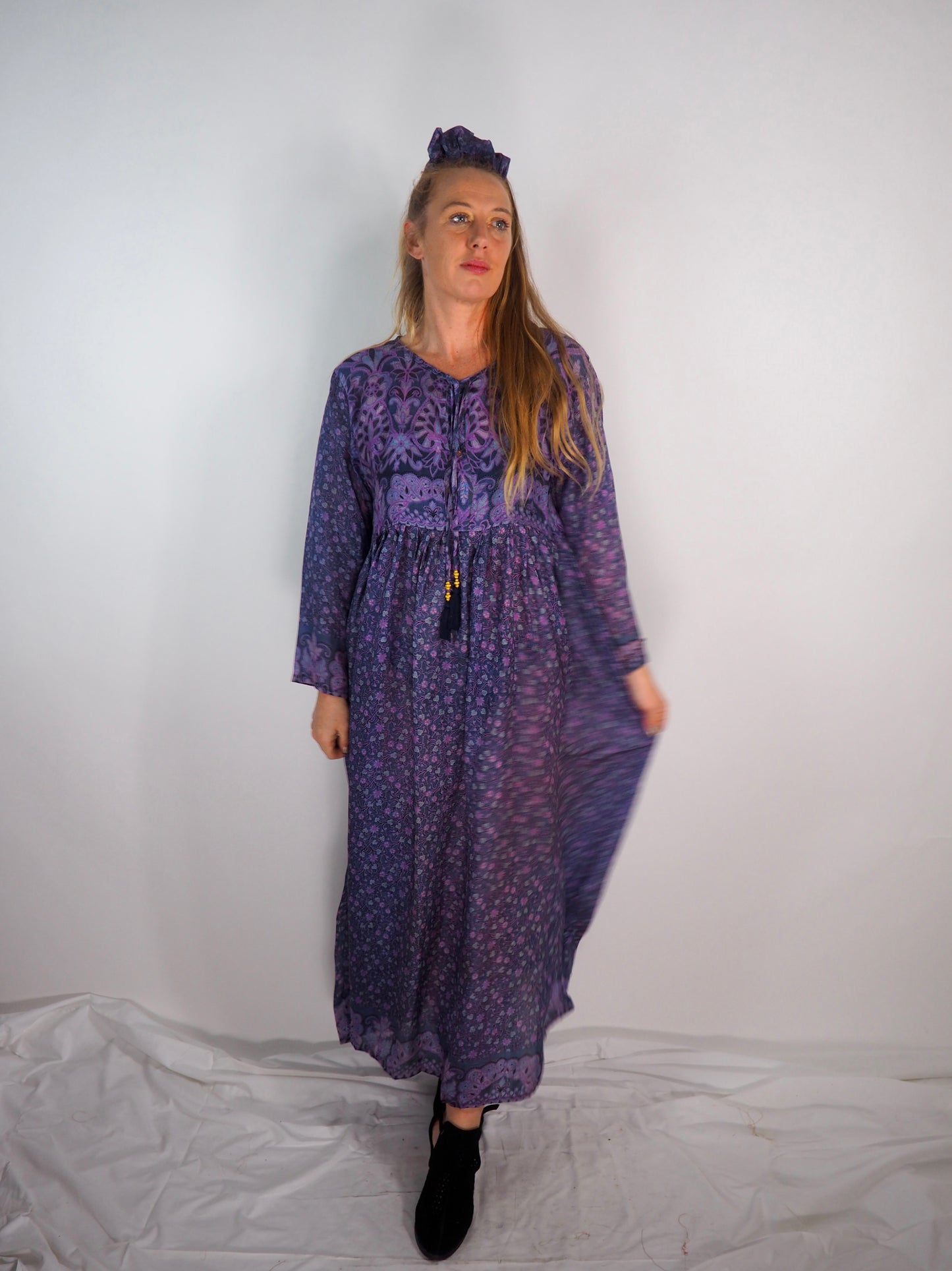 The Vadella Up-cycled Vintage Re-cycled Sari Maxi Dress – Sustainable Boho Dress with Tie Neck Detail + Matching Scrunchy & Bag