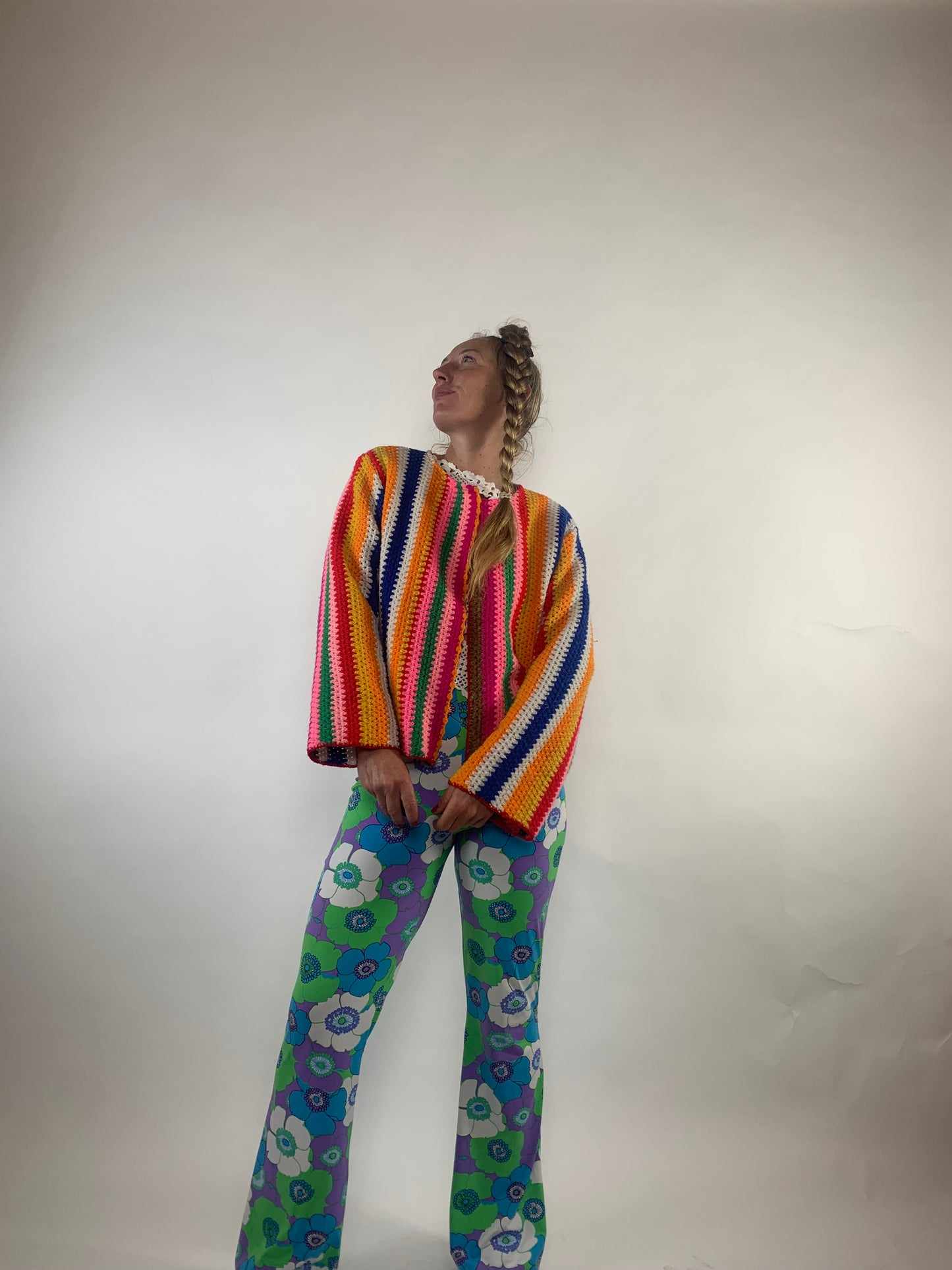 Vintage rainbow striped crochet cropped up-cycled jacket made by Vagabond Ibiza