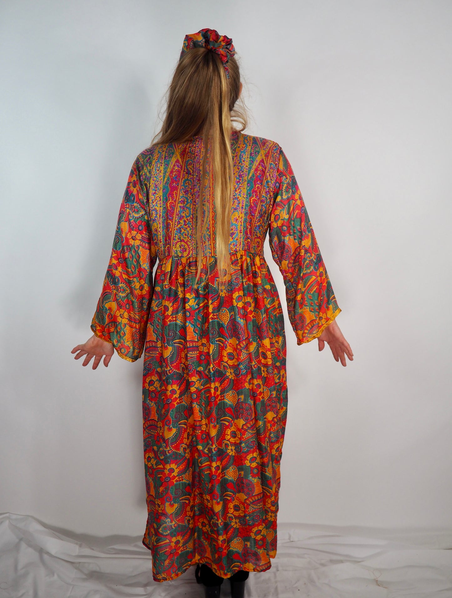 The Vadella Up-cycled Vintage Re-cycled Sari Maxi Dress – Sustainable Boho Dress with Tie Neck Detail + Matching Scrunchy & Bag
