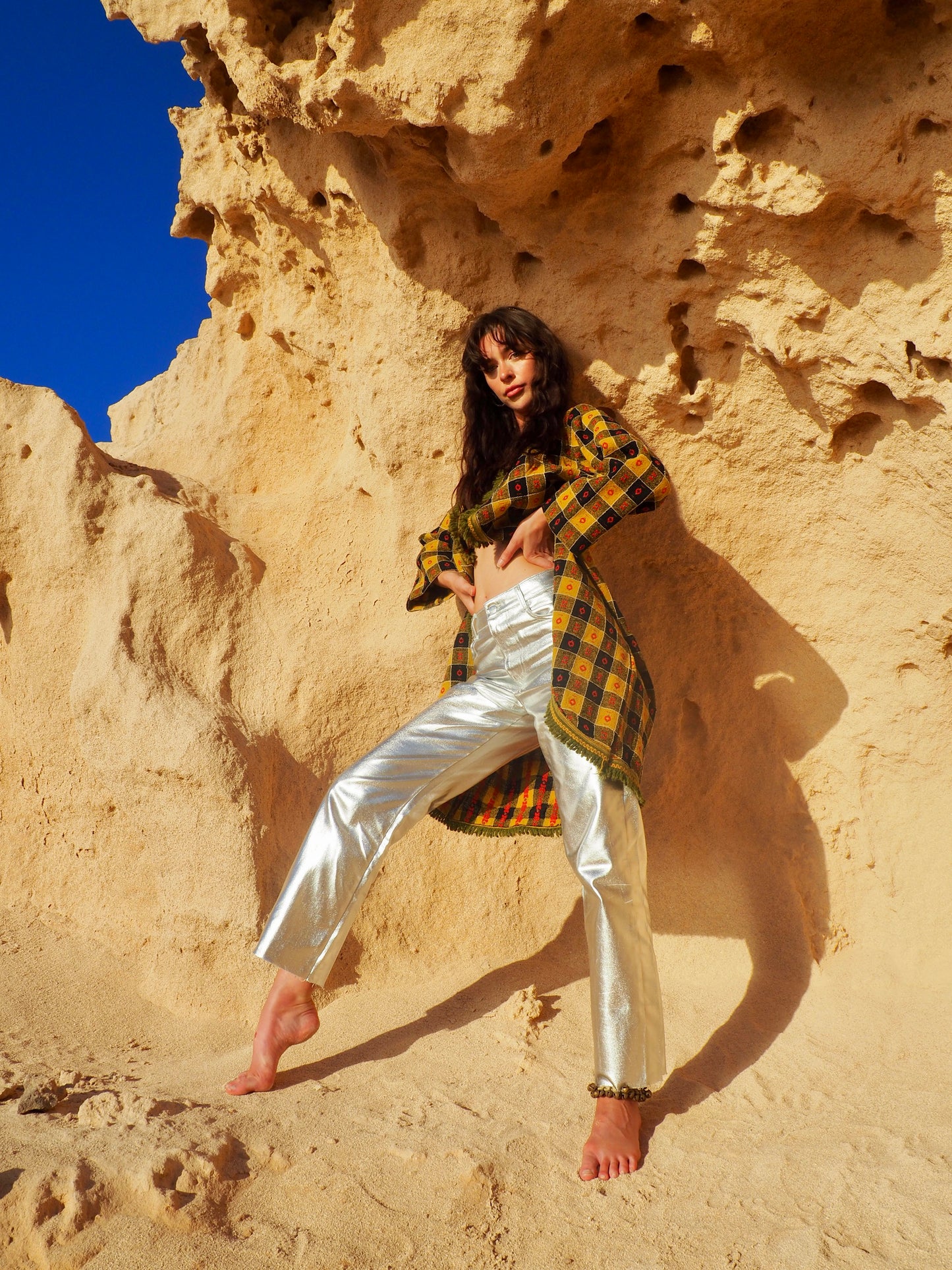 Long Full Jacket in Mustard Yellow, Black, and Red - Upcycled Vintage Textiles Made by Vagabond Ibiza