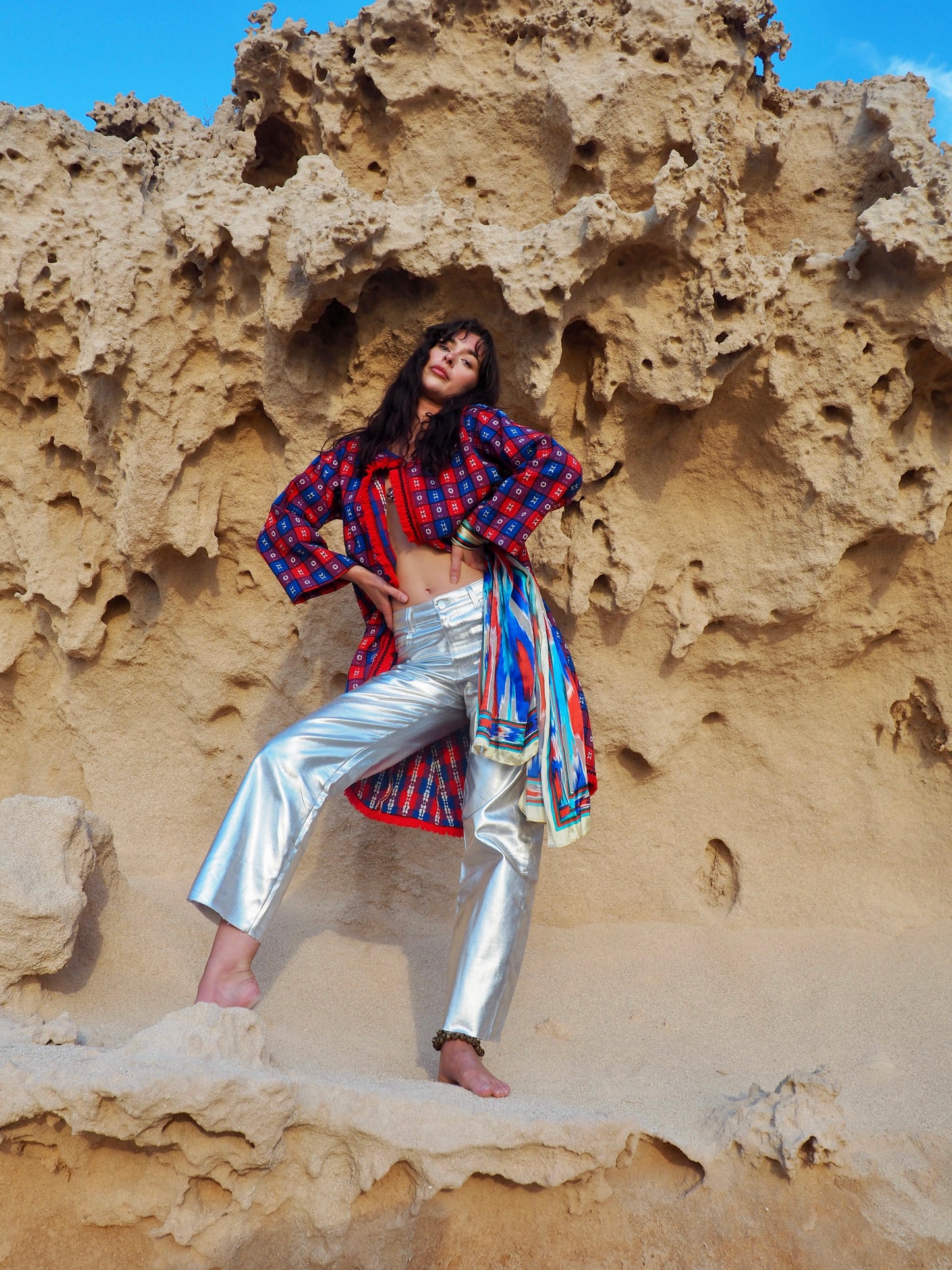 Upcycled Vintage Long Full Jacket in Red and Blue - Made by Vagabond Ibiza