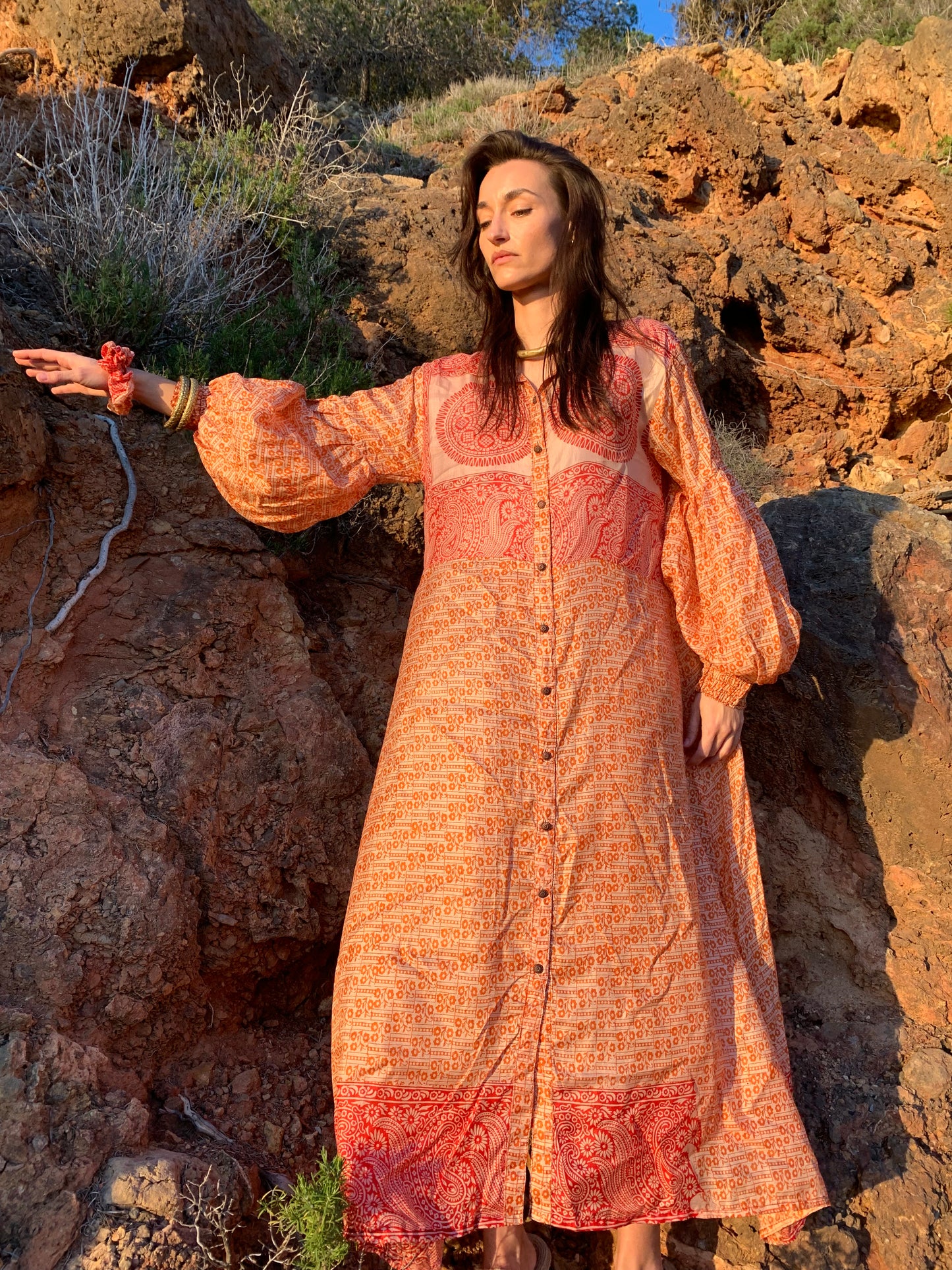 The Lenya Up-cycled Vintage Sari Dress – Sustainable Boho Dress with Oversized Sleeves Matching Scrunchy & Storage Bag