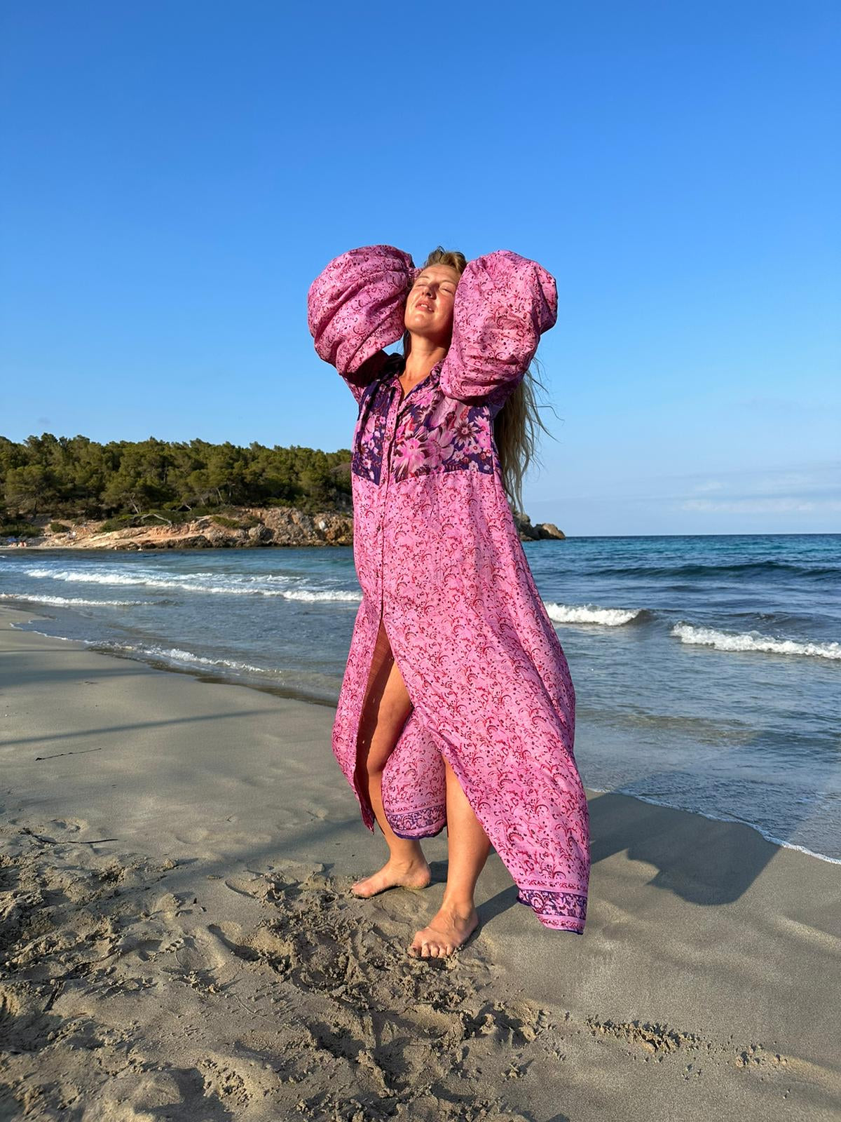 Vintage Indian sari dress with oversized sleeves up-cycled by Vagabond Ibiza