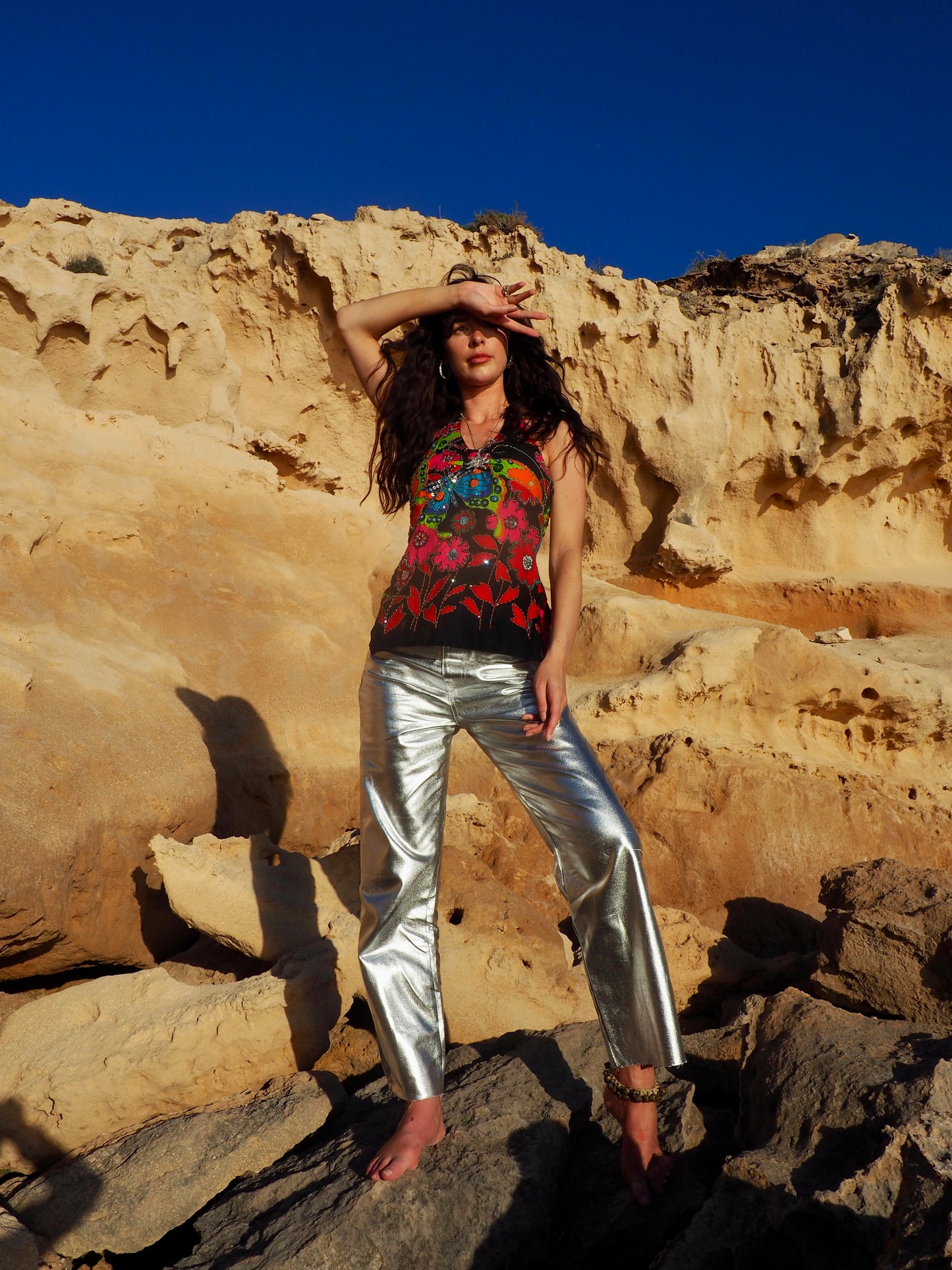 Vintage 1980s Sequin and Beaded Flower Power Halter Neck Top