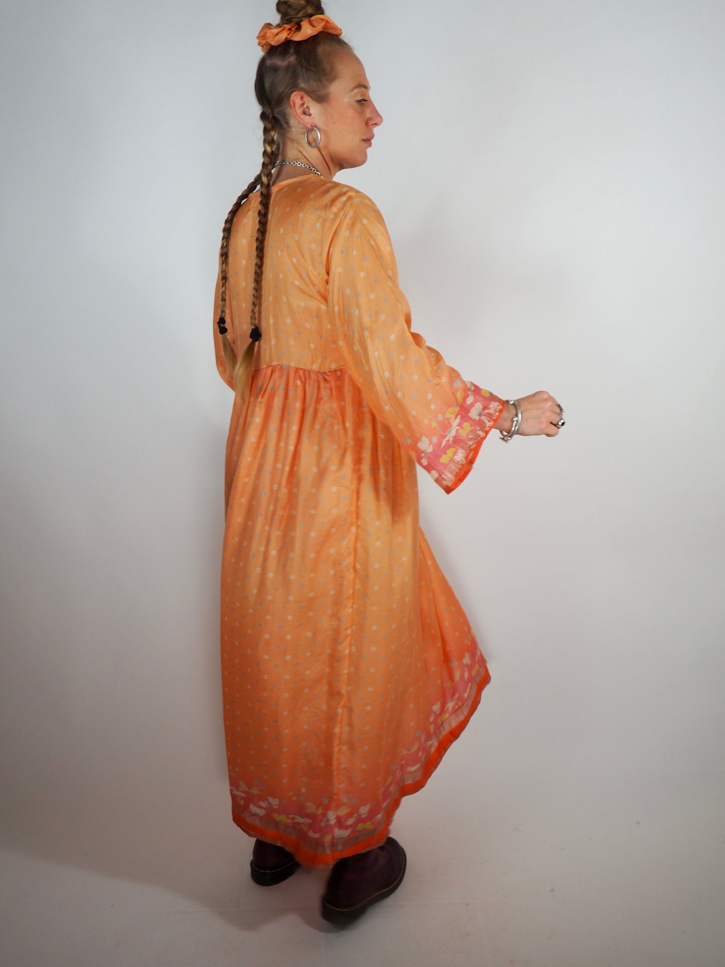 The Vadella Up-cycled Vintage Re-cycled Sari Maxi Dress – Sustainable Boho Dress with Tie Neck Detail + Matching Scrunchy & Bag
