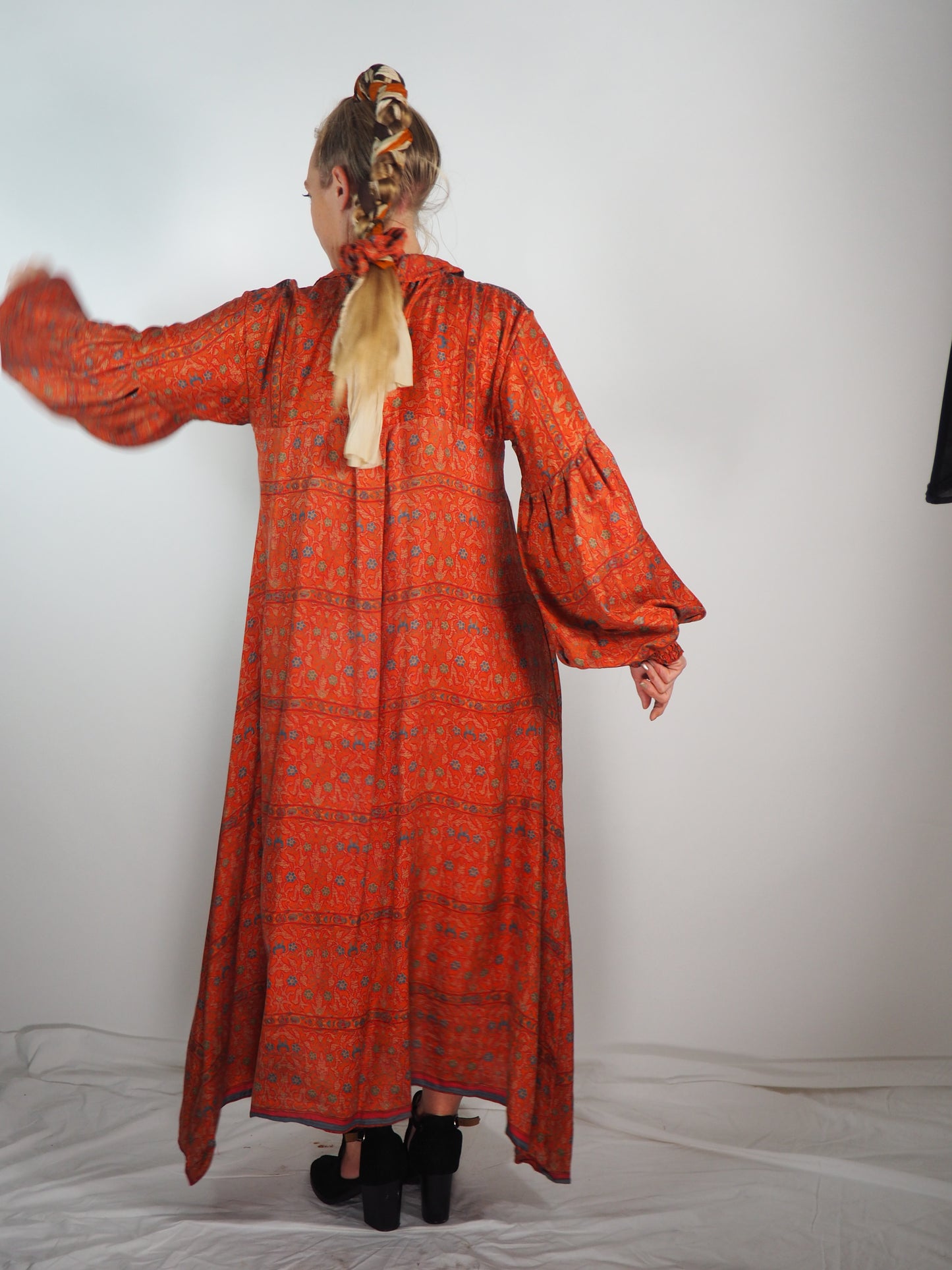The Lenya Up-cycled Vintage Sari Dress – Sustainable Boho Dress with Oversized Sleeves Matching Scrunchy & Storage Bag*