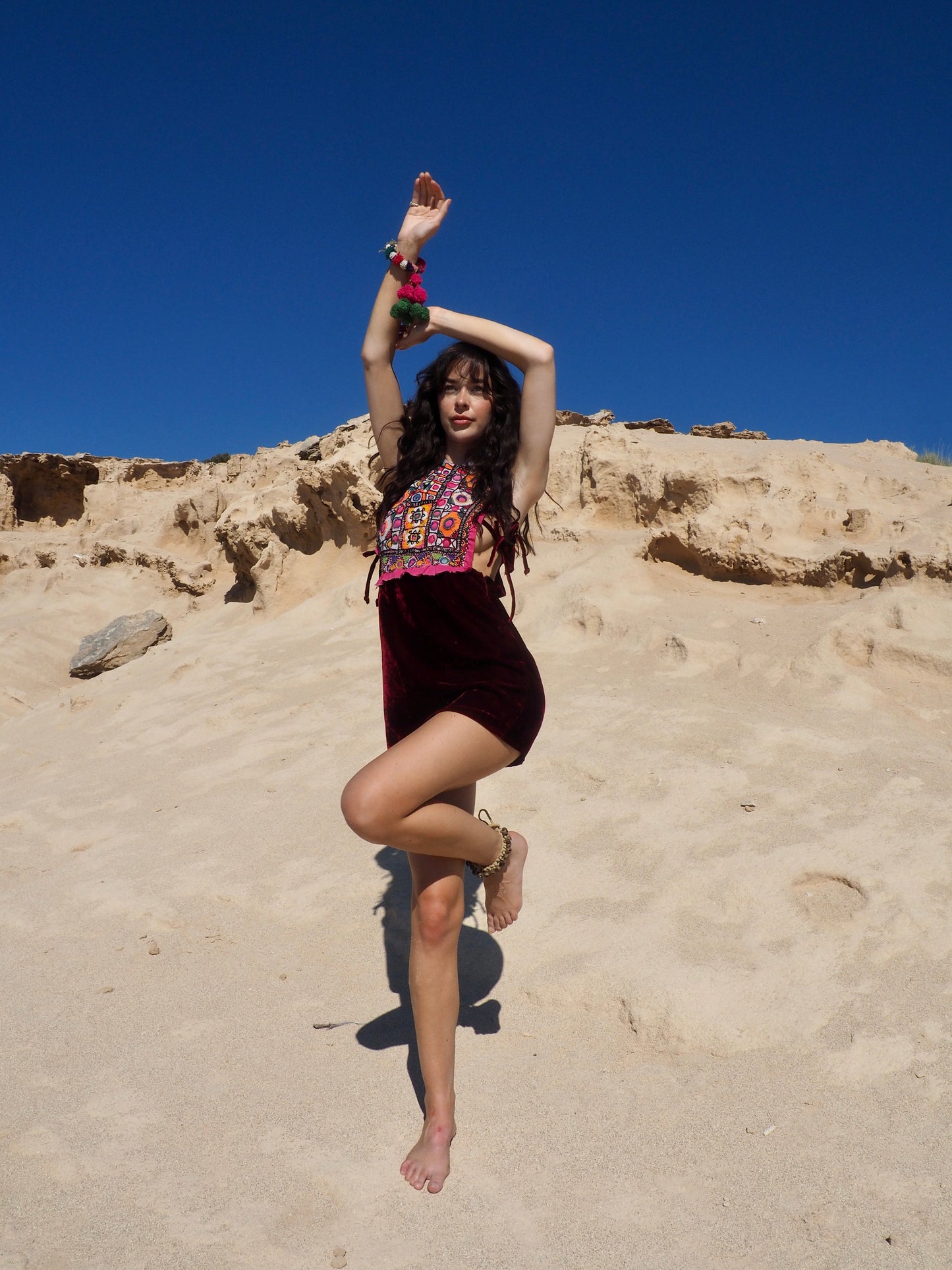 Vagabond Ibiza Up-cycled Vintage Indian Hand Embroidered Dress with vintage red velvet