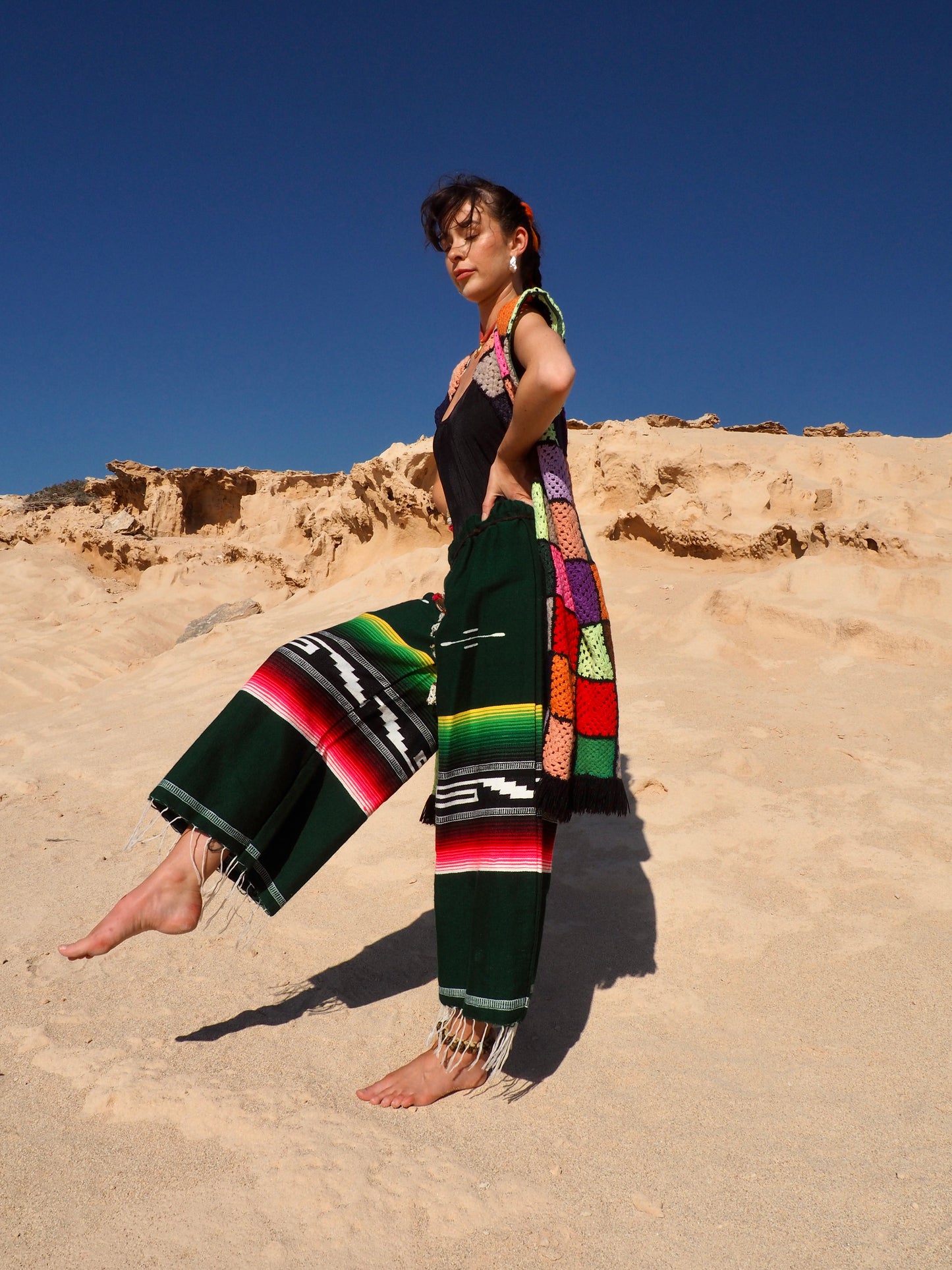 Vintage Mexican textiles up-cycled wide leg pants in green with pink tones made by Vagabond Ibiza