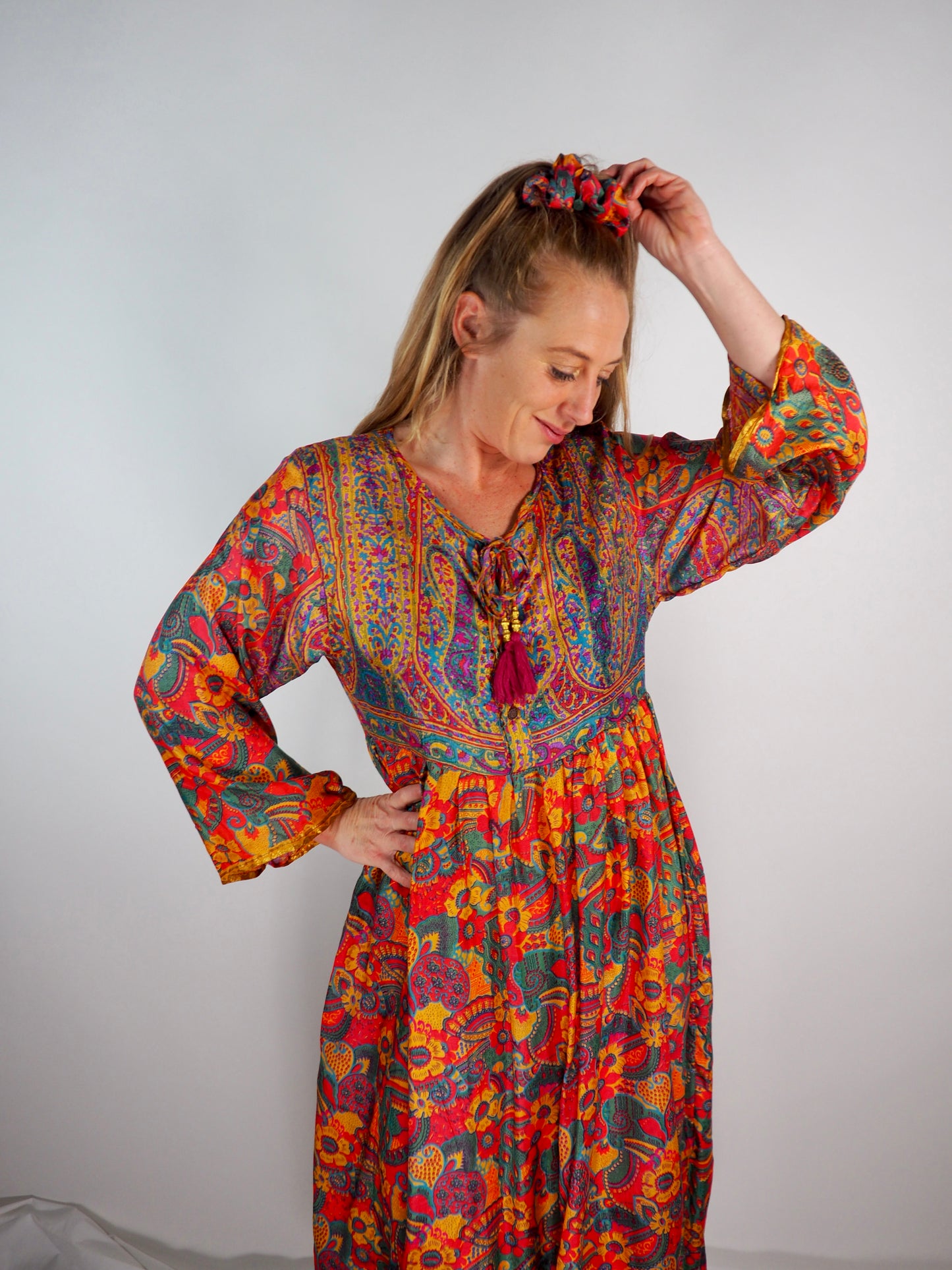 The Vadella Up-cycled Vintage Re-cycled Sari Maxi Dress – Sustainable Boho Dress with Tie Neck Detail + Matching Scrunchy & Bag
