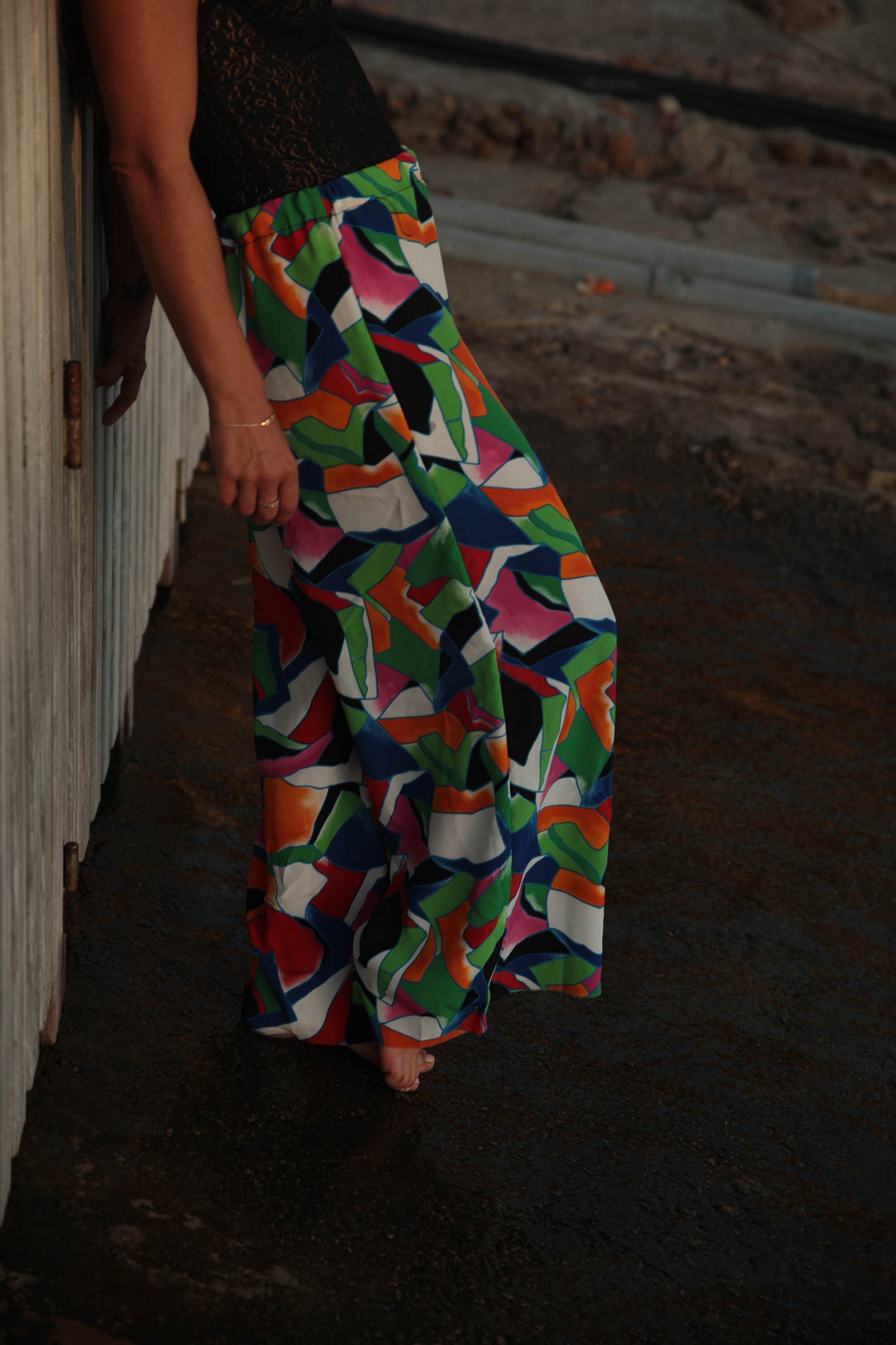 Up-cycled vintage colourful printed wide leg pants made by Vagabond Ibiza with elasticated waist