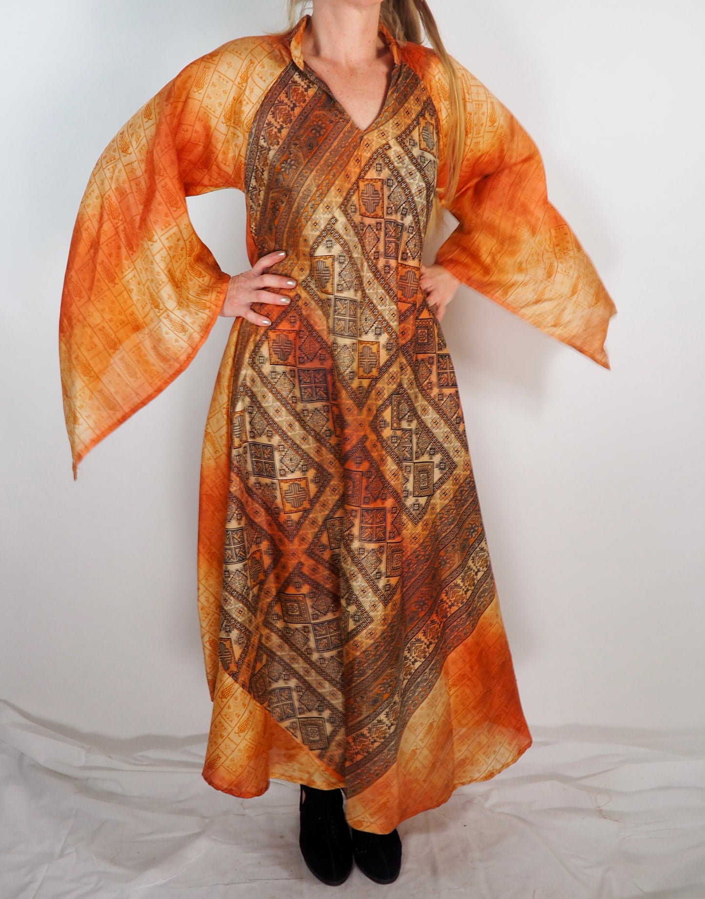 The Diamond Bias-Cut Maxi Dress – Up-cycled Vintage Sari Sustainable Dress with angel Sleeves + Matching Scrunchy & Bag