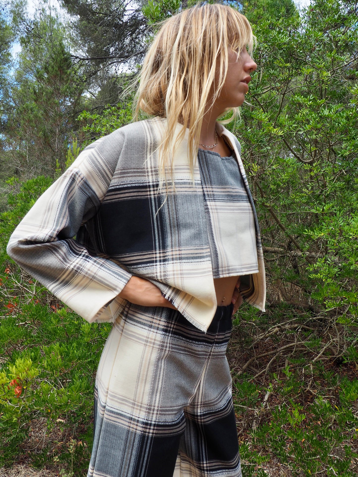 Up-cycled black and white checked cropped jacket nice quality a high end woven made by Vagabond Ibiza