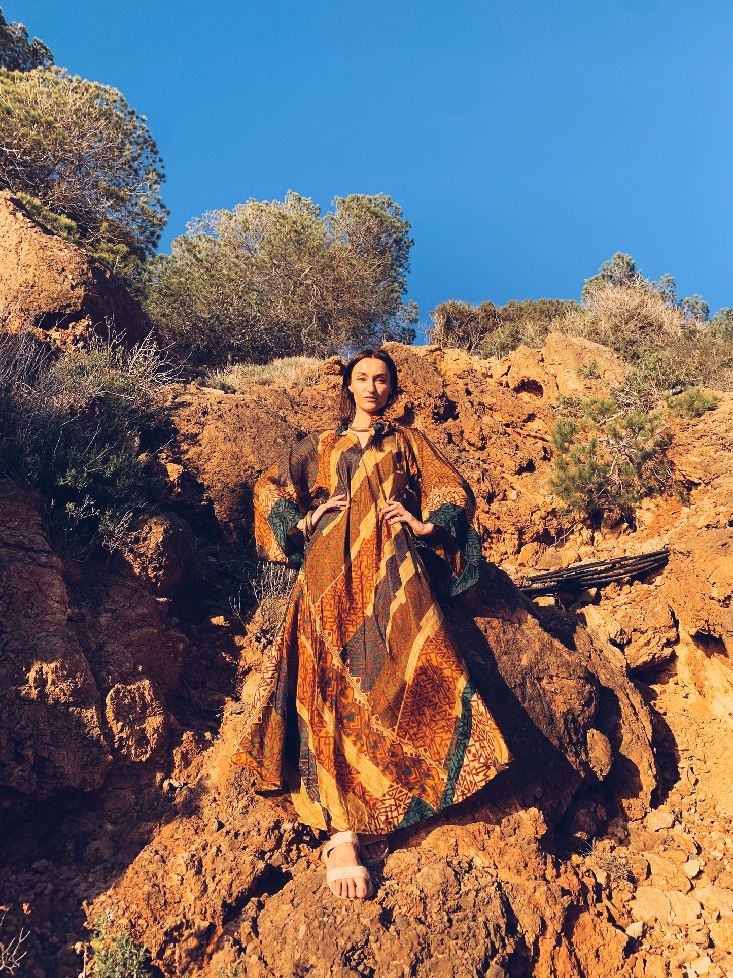 The Diamond Bias-Cut Maxi Dress – Up-cycled Vintage Sari Sustainable Dress with angel Sleeves + Matching Scrunchy & Bag