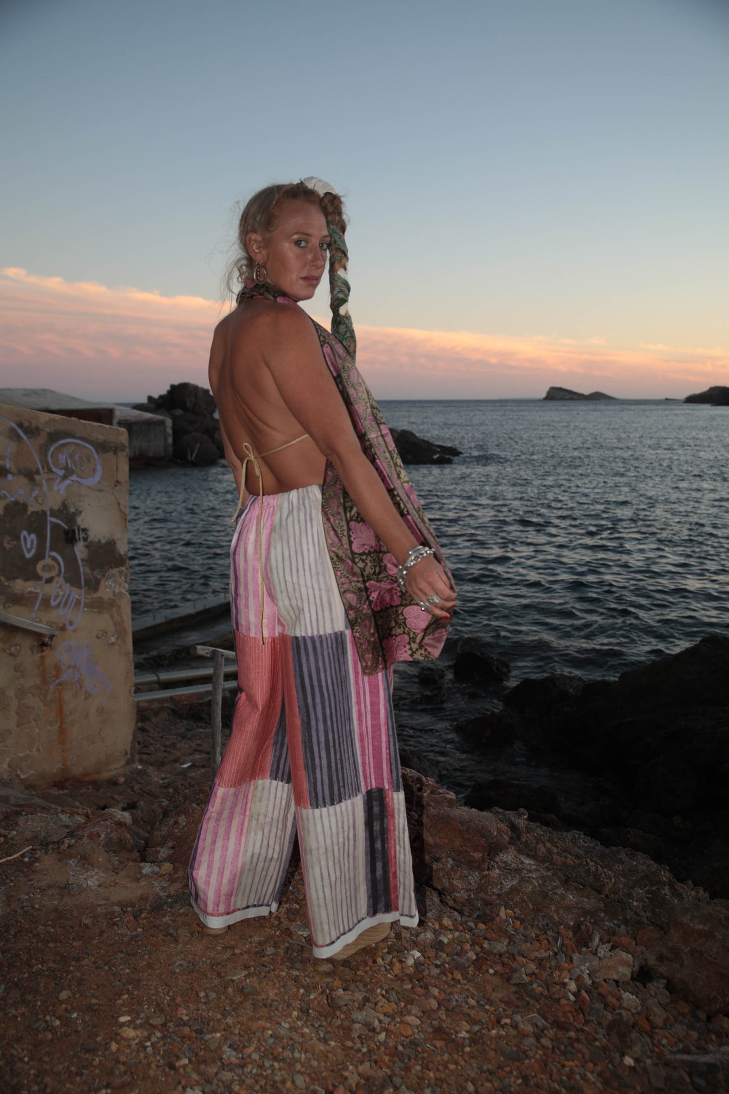 Up-cycled vintage cotton wide leg pants made by Vagabond Ibiza with pink painted design