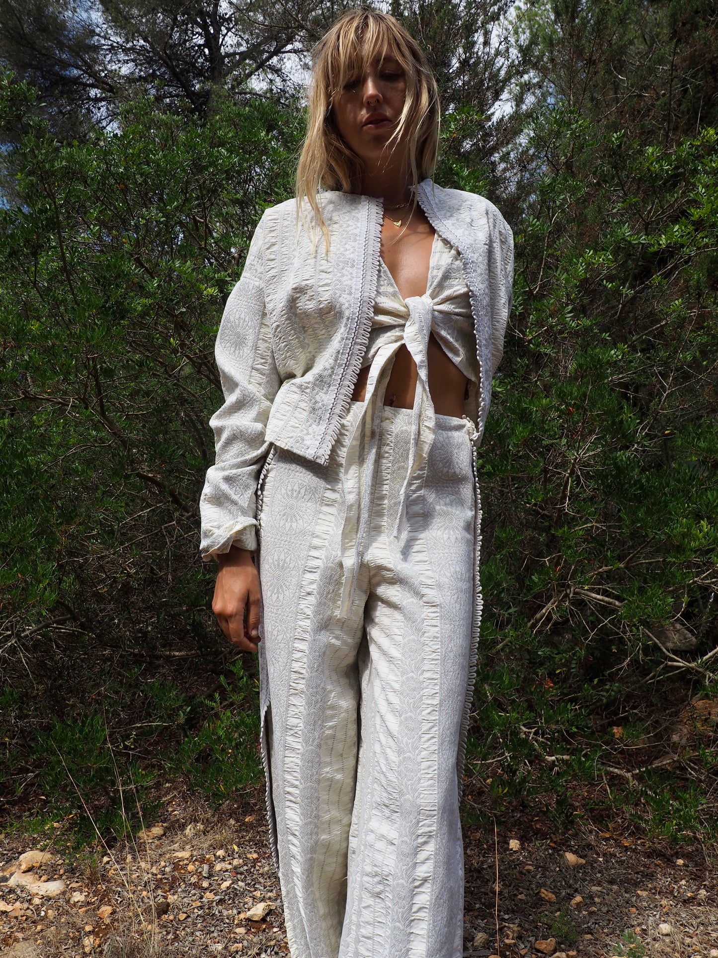 Up-cycled heavy cotton woven textile cropped jacket with super cool oversize long sleeves can be worn long as a statement made by Vagabond Ibiza