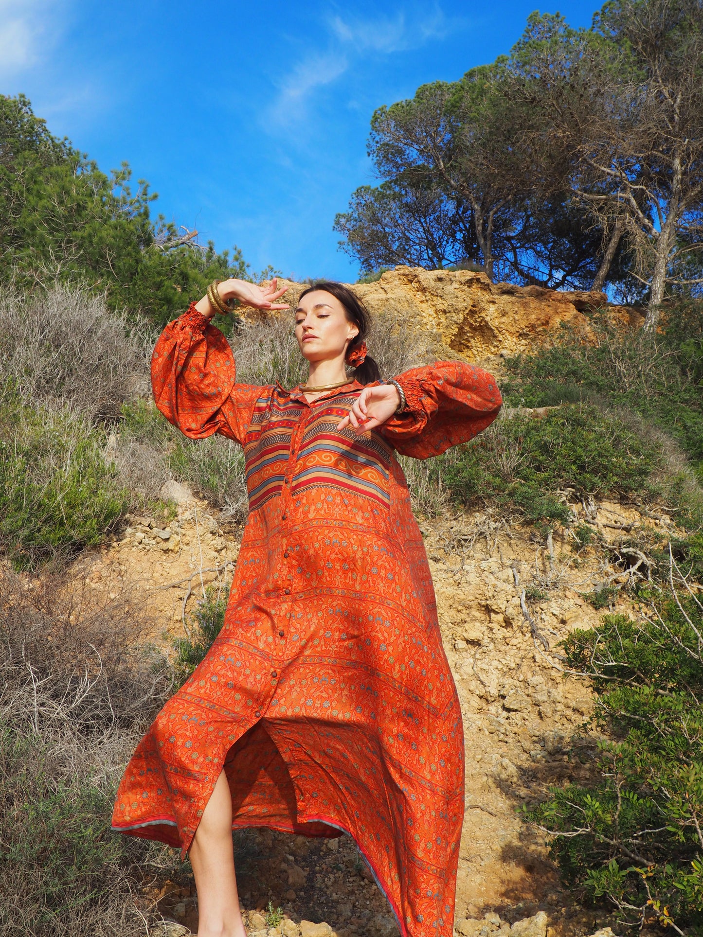 The Lenya Up-cycled Vintage Sari Dress – Sustainable Boho Dress with Oversized Sleeves Matching Scrunchy & Storage Bag*