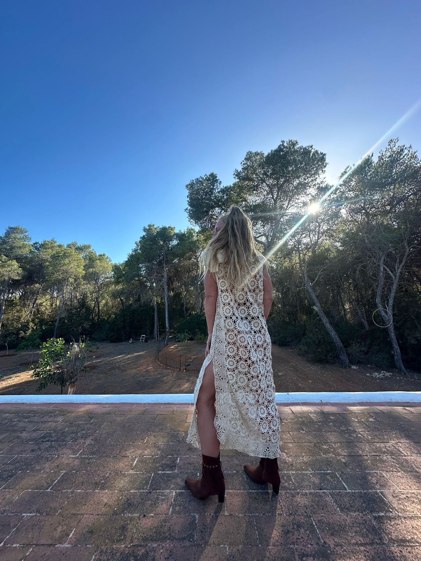 Creamy gold vintage crochet up-cycle long beach cover up with side split Ibiza party dress made by Vagabond Ibiza