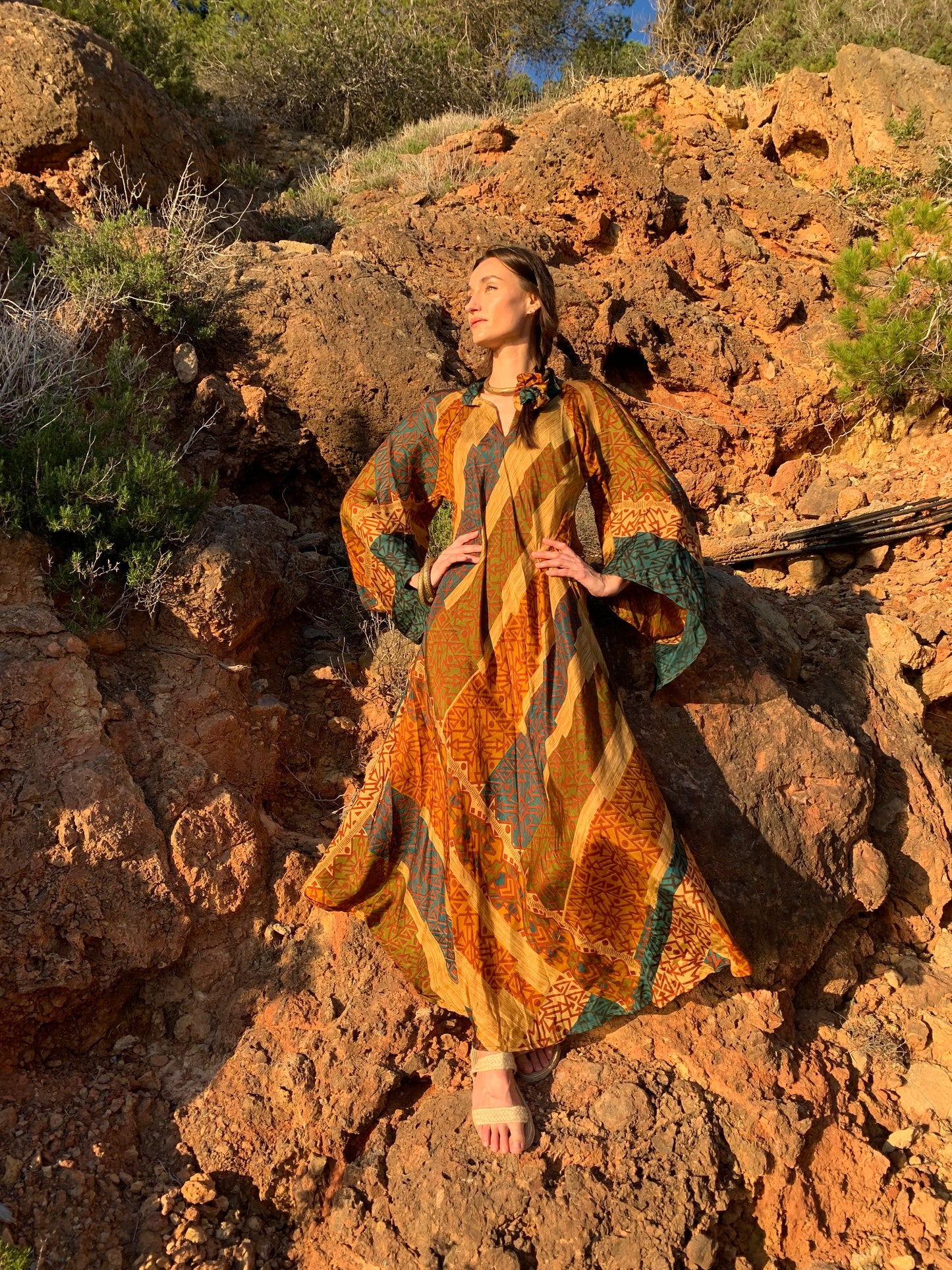 The Diamond Bias-Cut Maxi Dress – Up-cycled Vintage Sari Sustainable Dress with angel Sleeves + Matching Scrunchy & Bag
