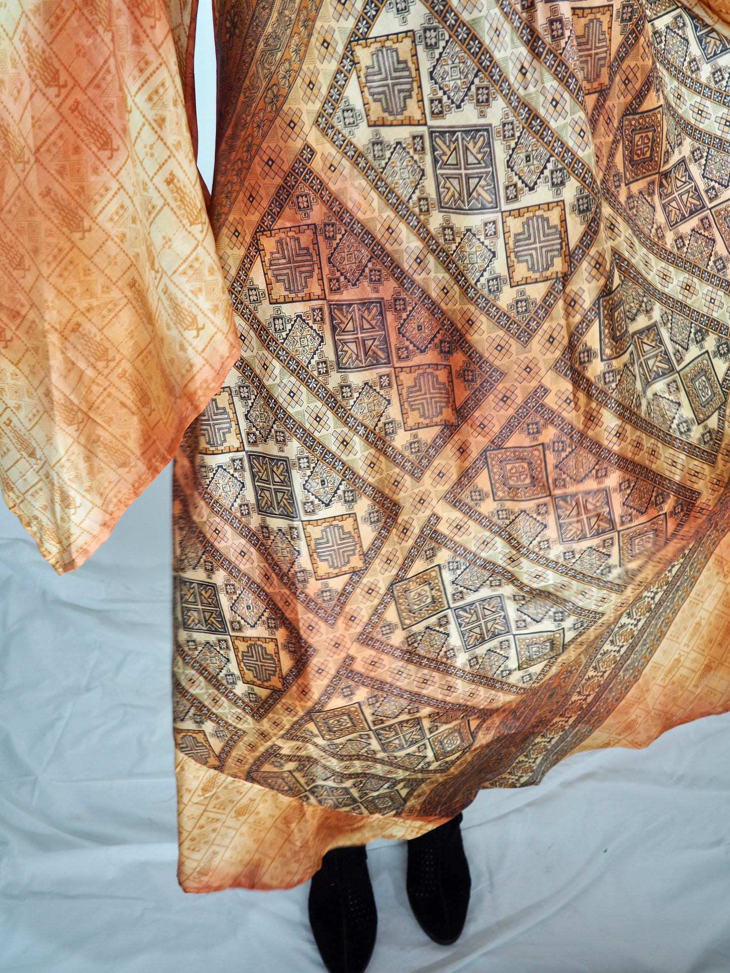 The Diamond Bias-Cut Maxi Dress – Up-cycled Vintage Sari Sustainable Dress with angel Sleeves + Matching Scrunchy & Bag